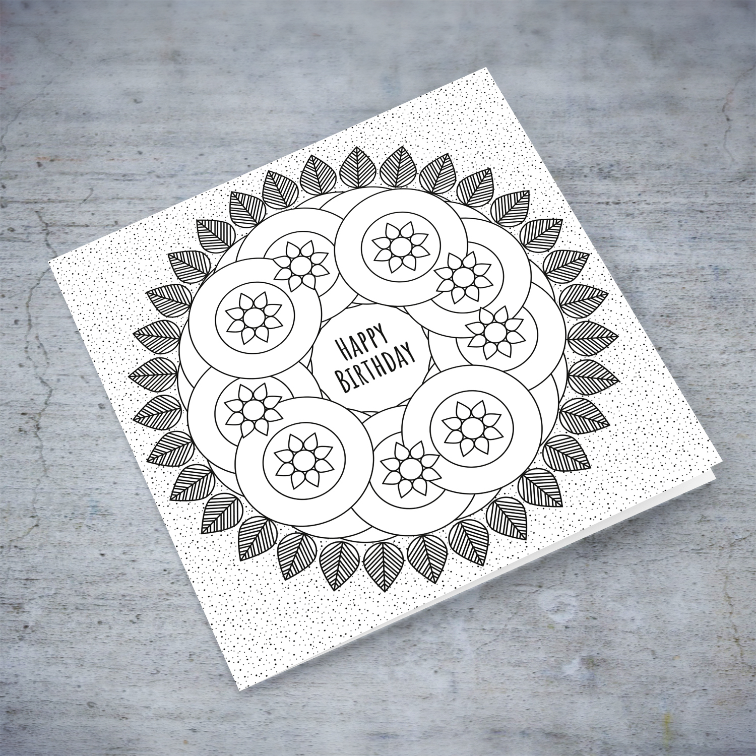 Colouring card with flowers, circles, leaves and splattered background in English