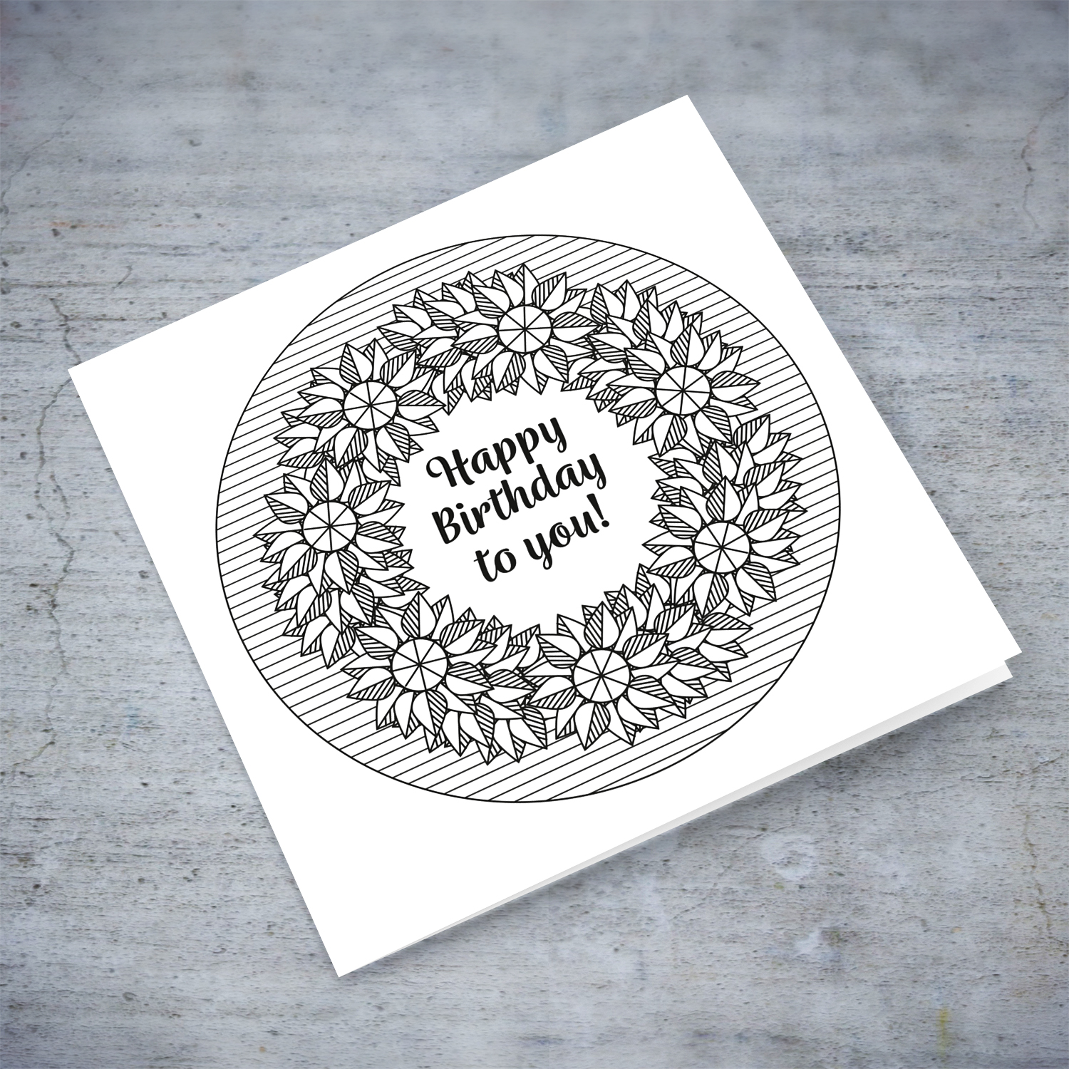 Colouring birthday card with geometric flowers and a circle with a lined pattern in English