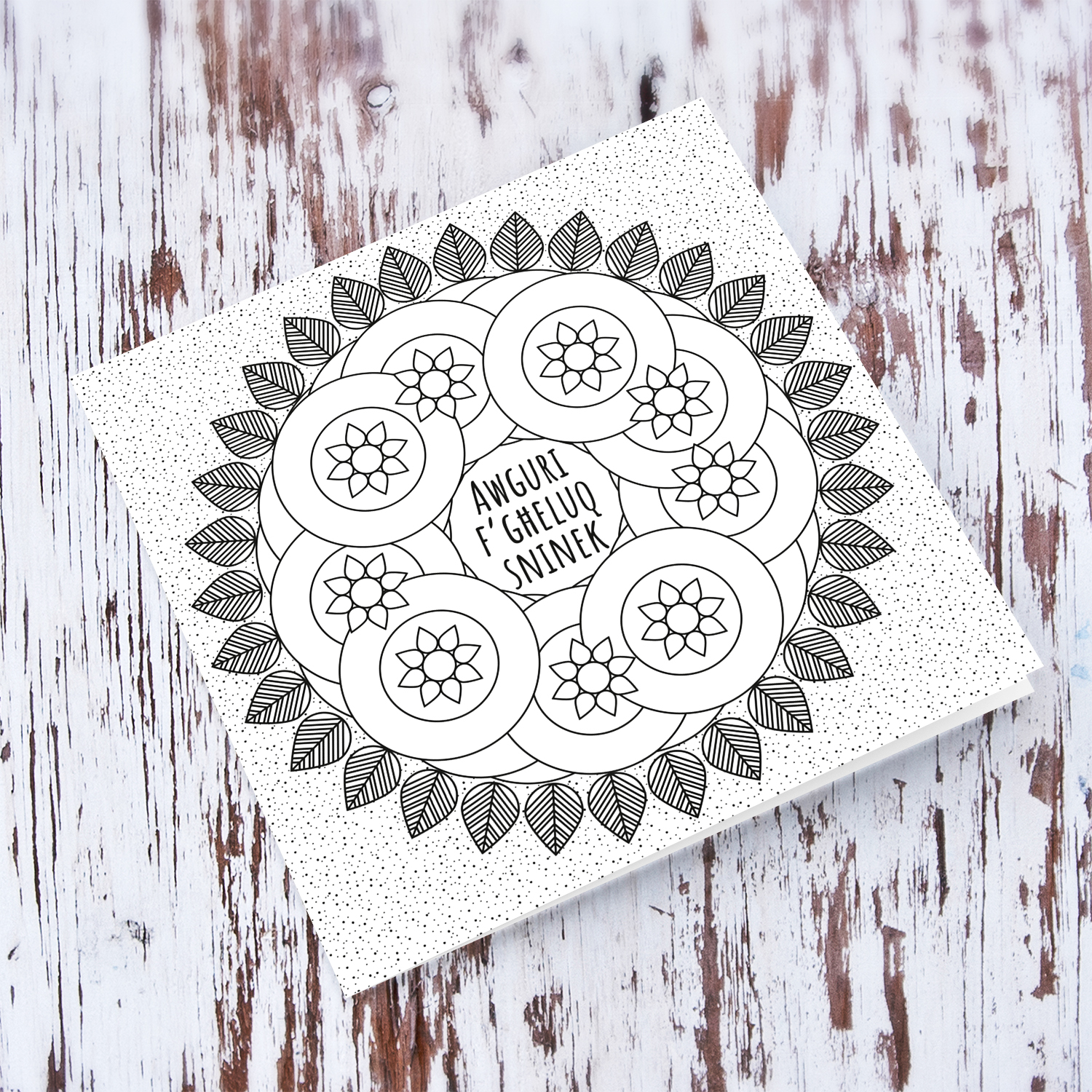 Colouring card with flowers, circles, leaves and splattered background in Maltese