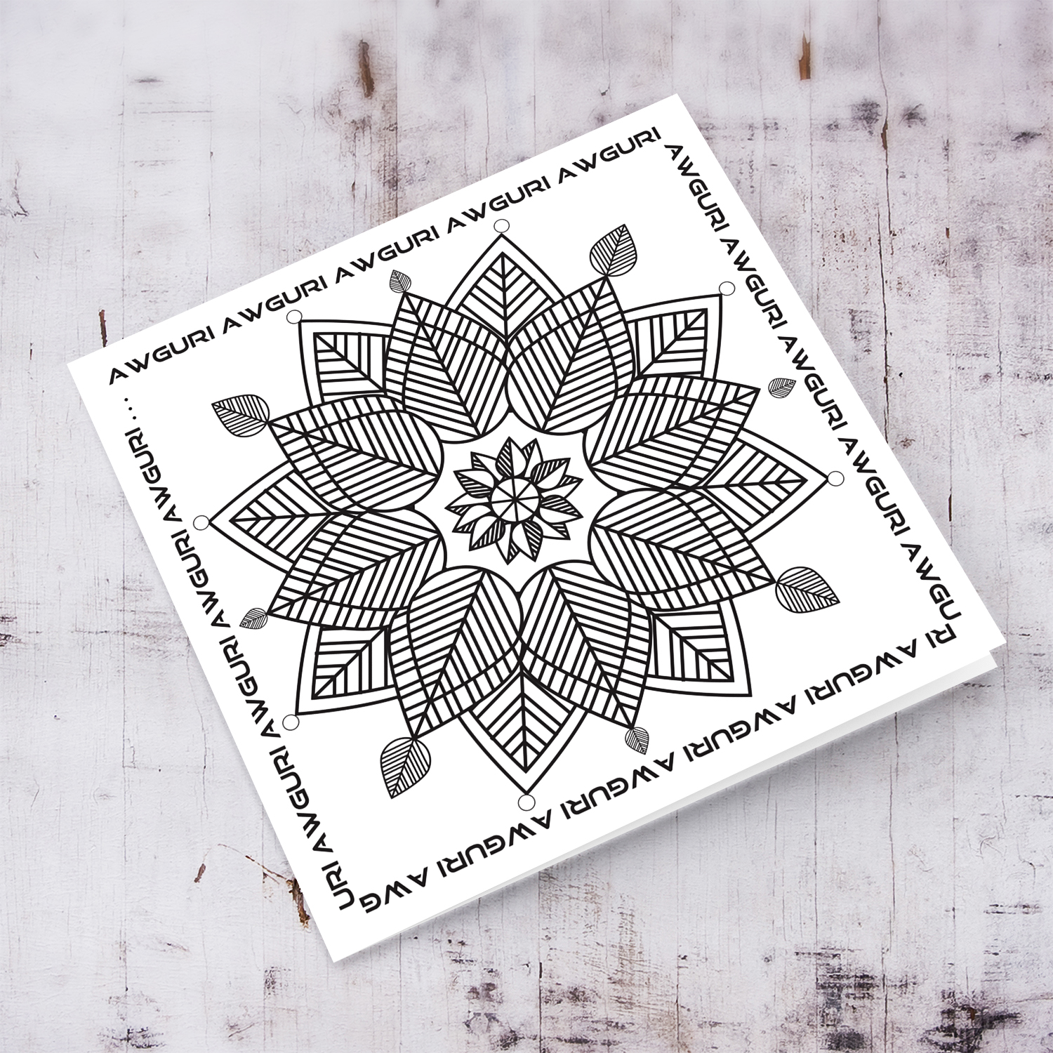 Colouring card with geometric snowflake and repetitive wishes on the border in Maltese