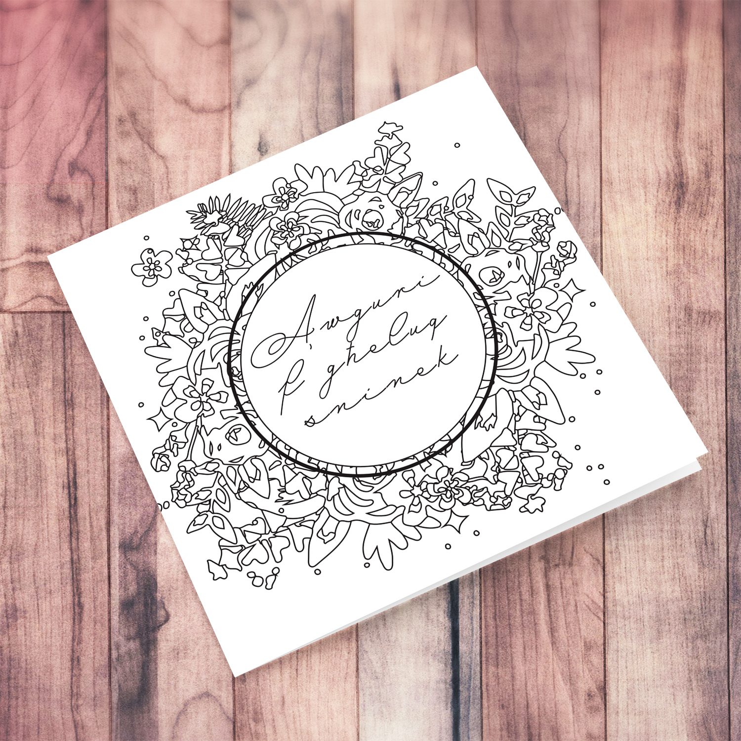 Colouring birthday card with florals and white circles with wishes in Maltese