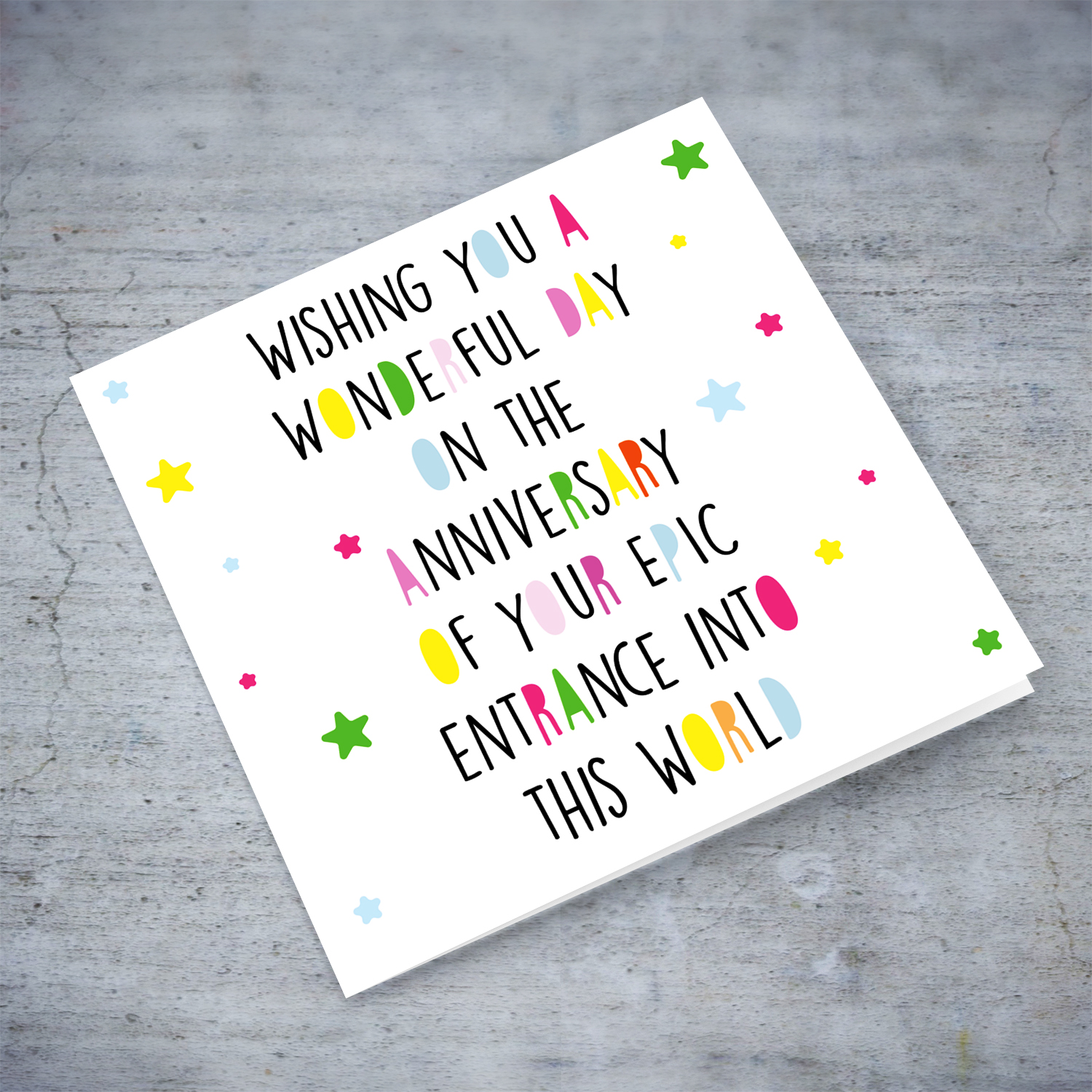 Colourful and funny open birthday card with scattered stars in English