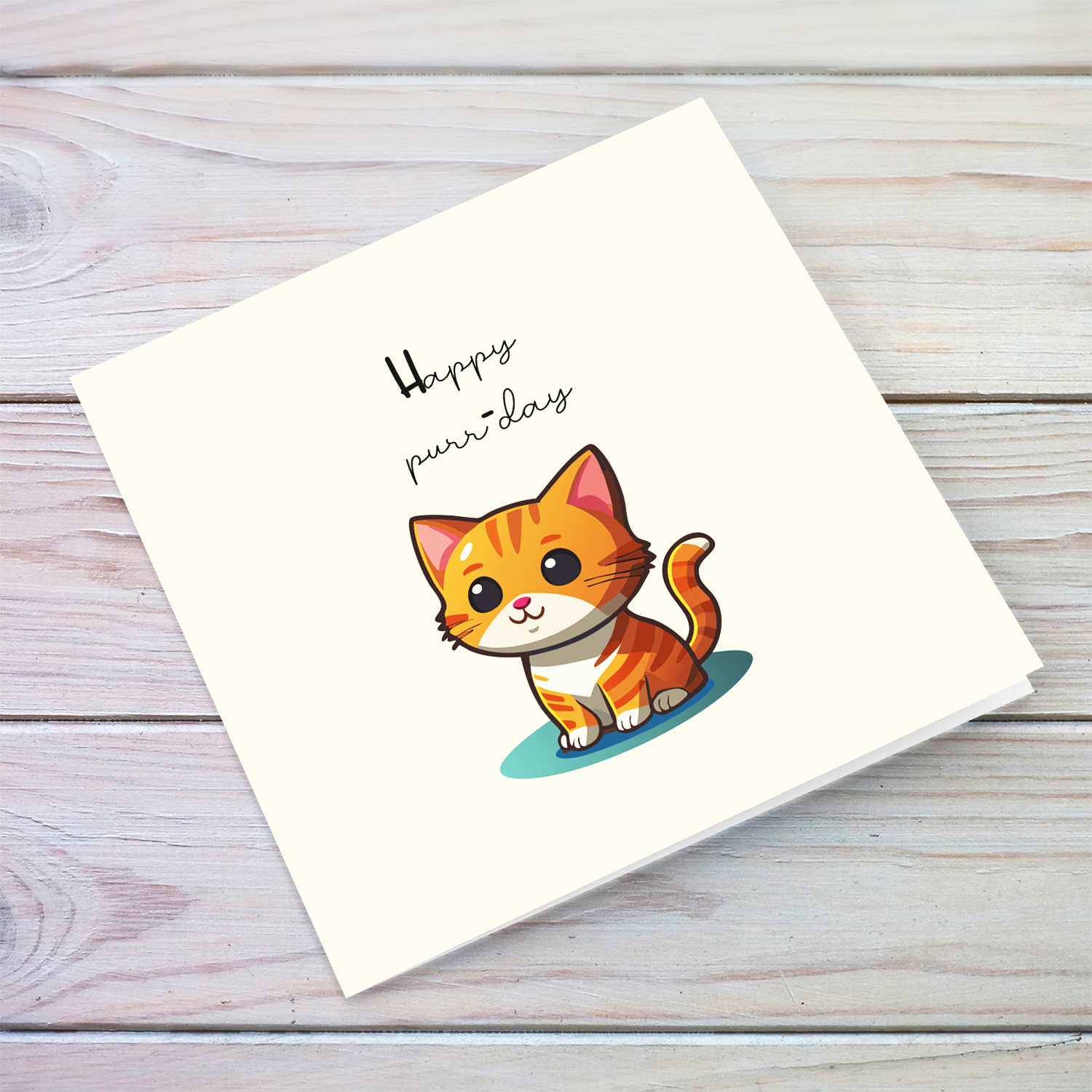 Happy purr-day cute cat themed open birthday card in cream background in English 