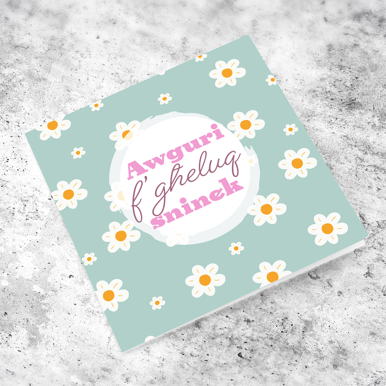 Cute flowery open birthday card in green/gray background with white circle and pink text in Maltese