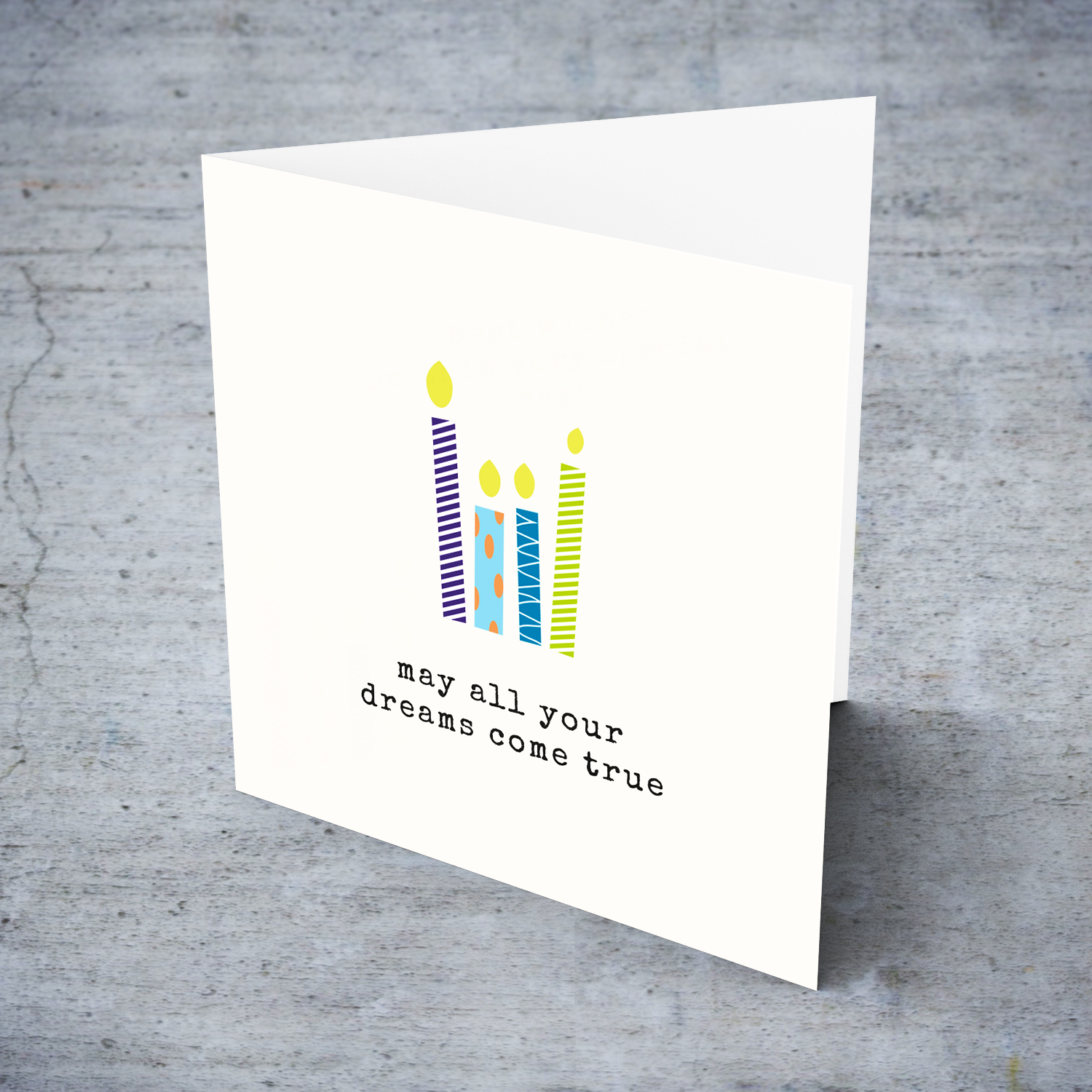 Minimalist birthday card featuring different coloured candles in English