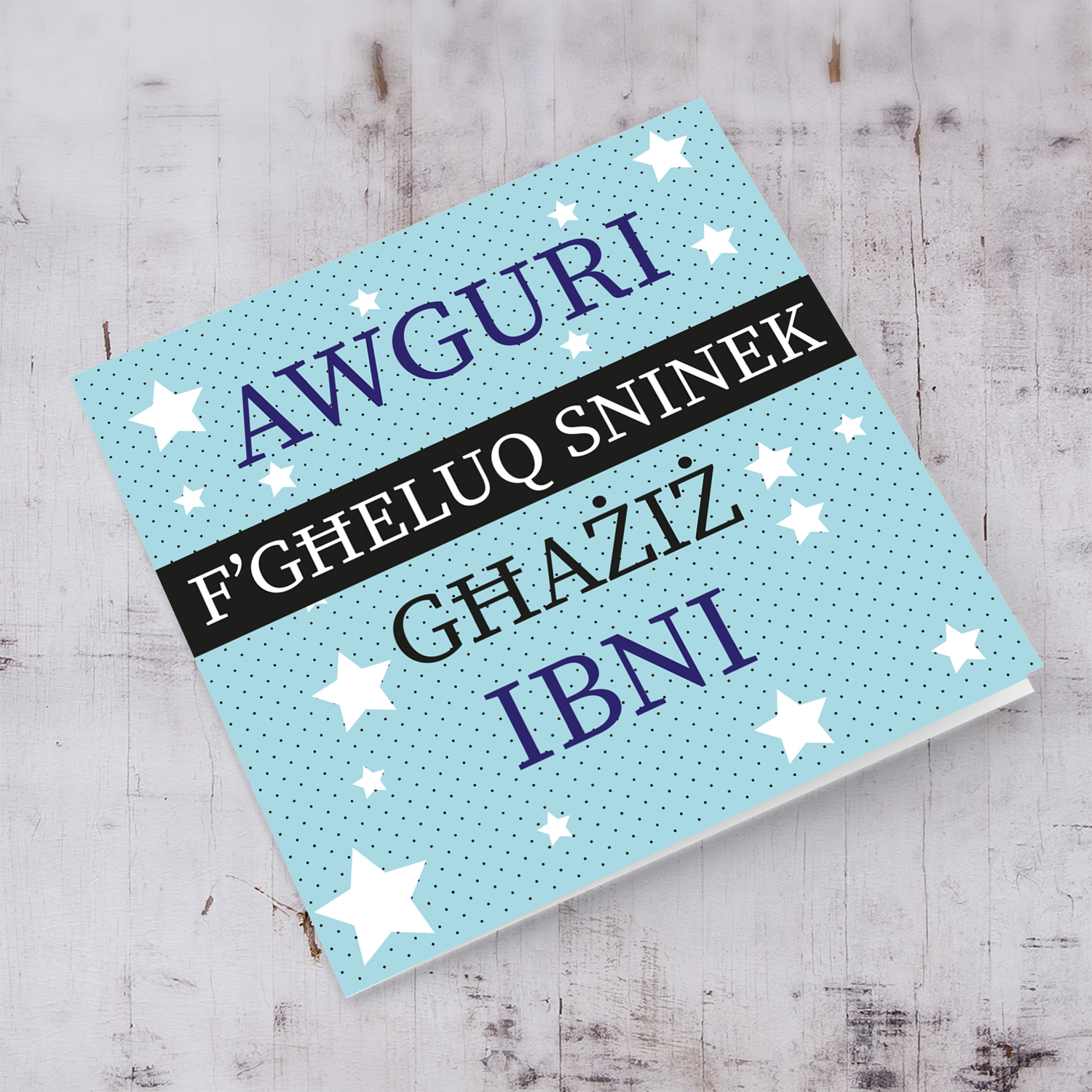 Birthday card for son in blue background with stars in Maltese