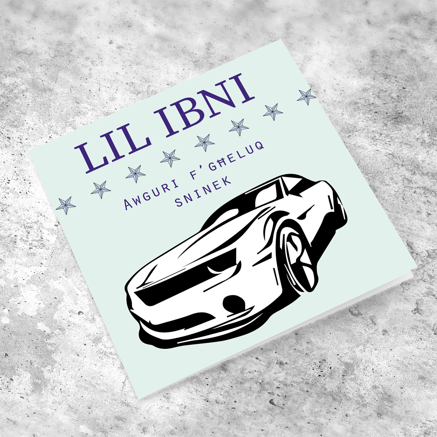 Car themed birthday card for son in Maltese
