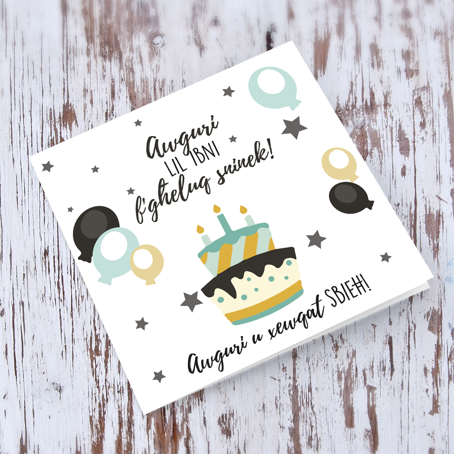 Birthday cake themed card for son in Maltese