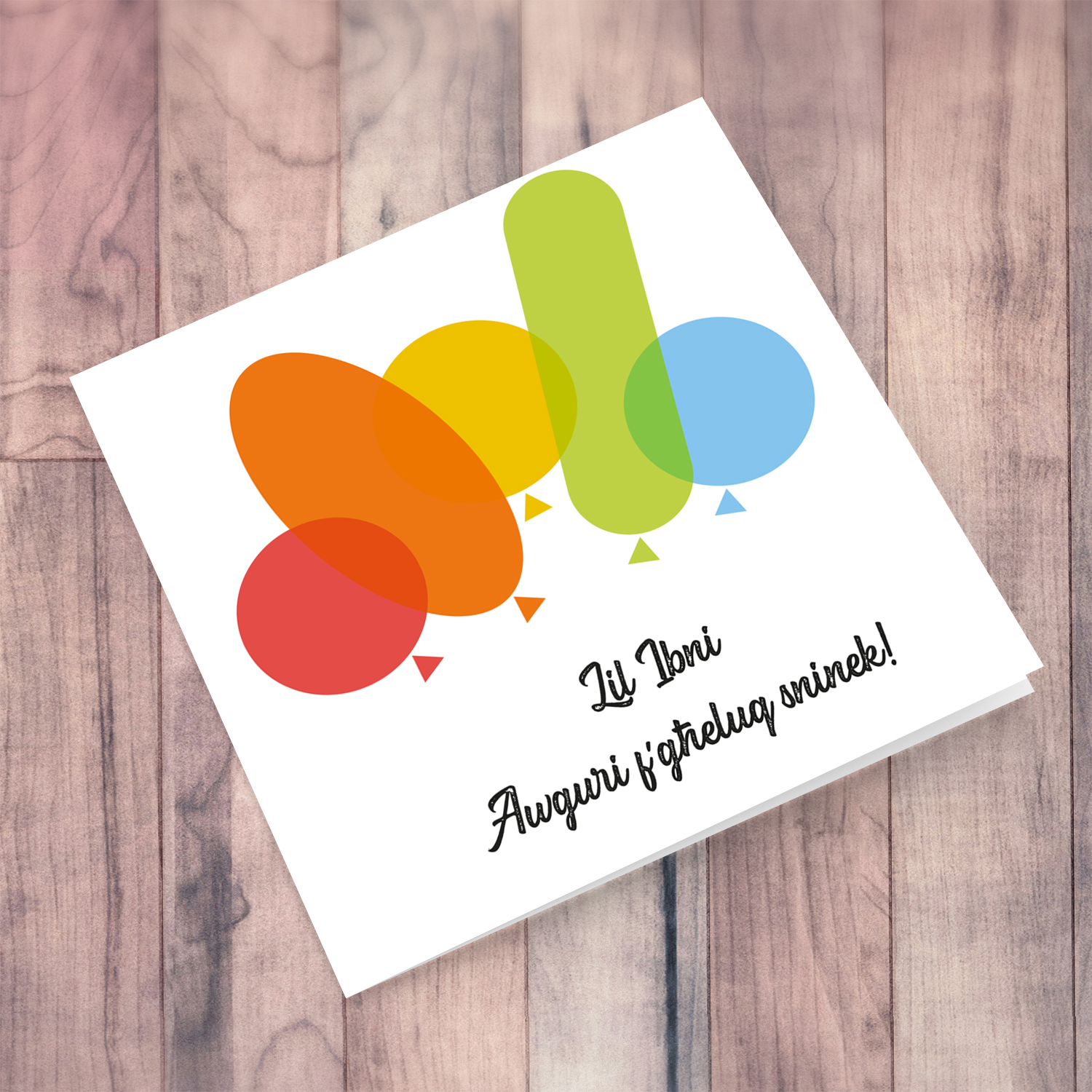 Colourful balloon themed birthday card for son in Maltese