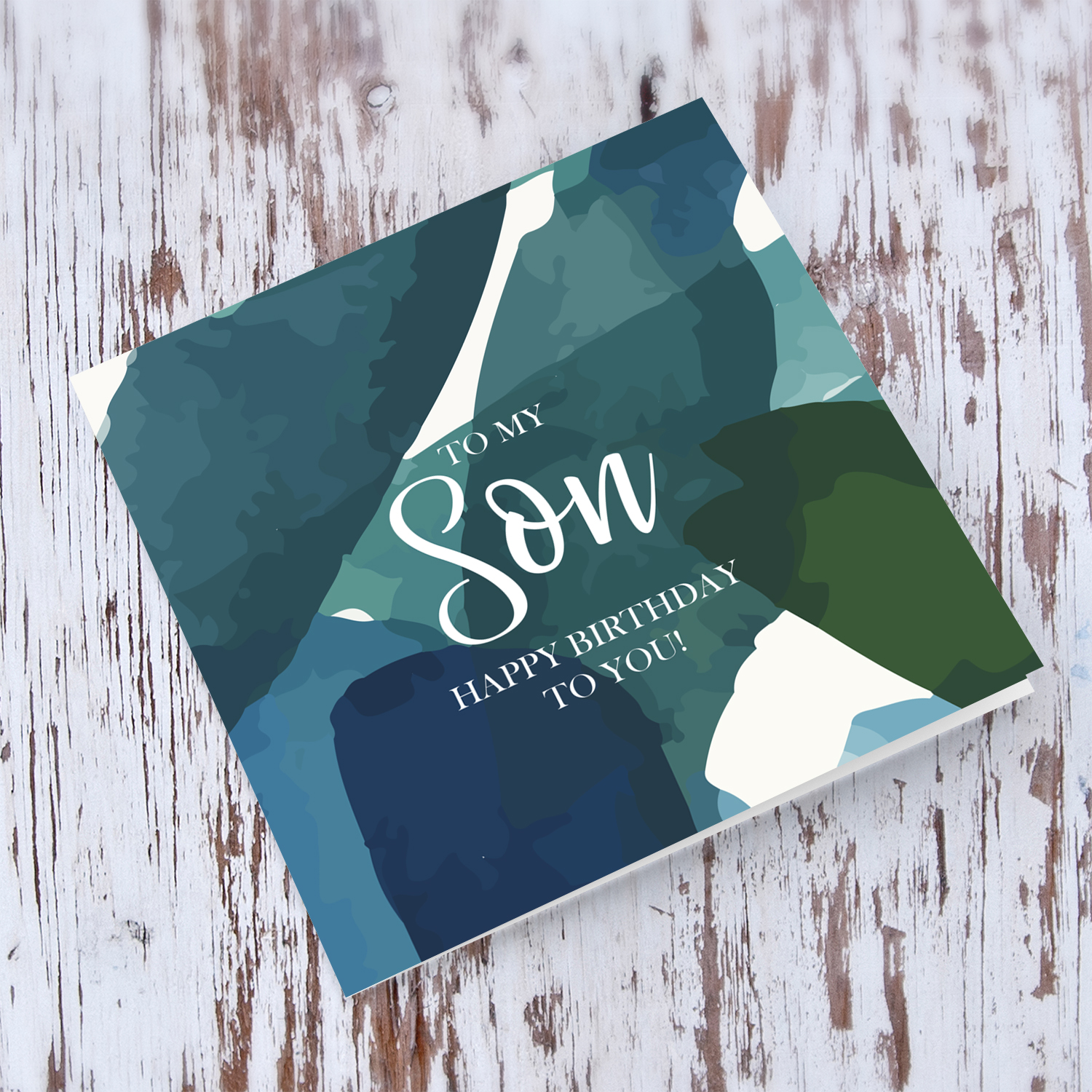 Blue and green themed birthday card for Son in English