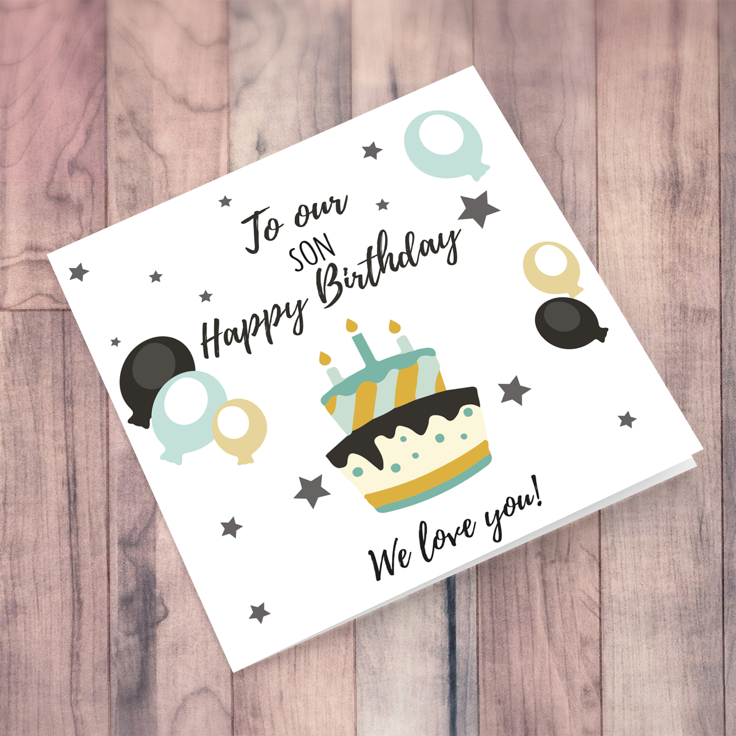 Birthday cake themed birthday card for son with balloons in english