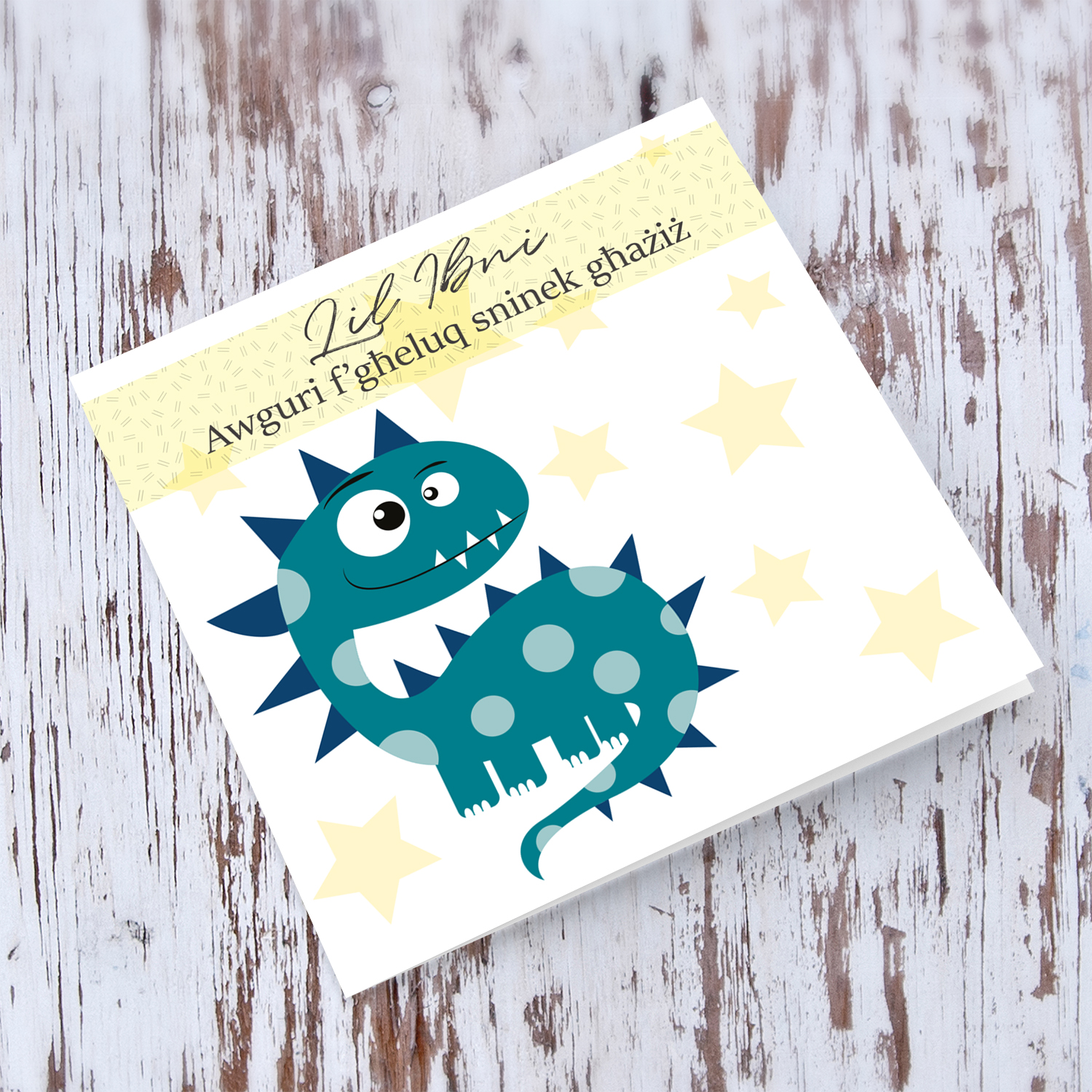 Dinosaur themed birthday card with yellow stars for son in Maltese