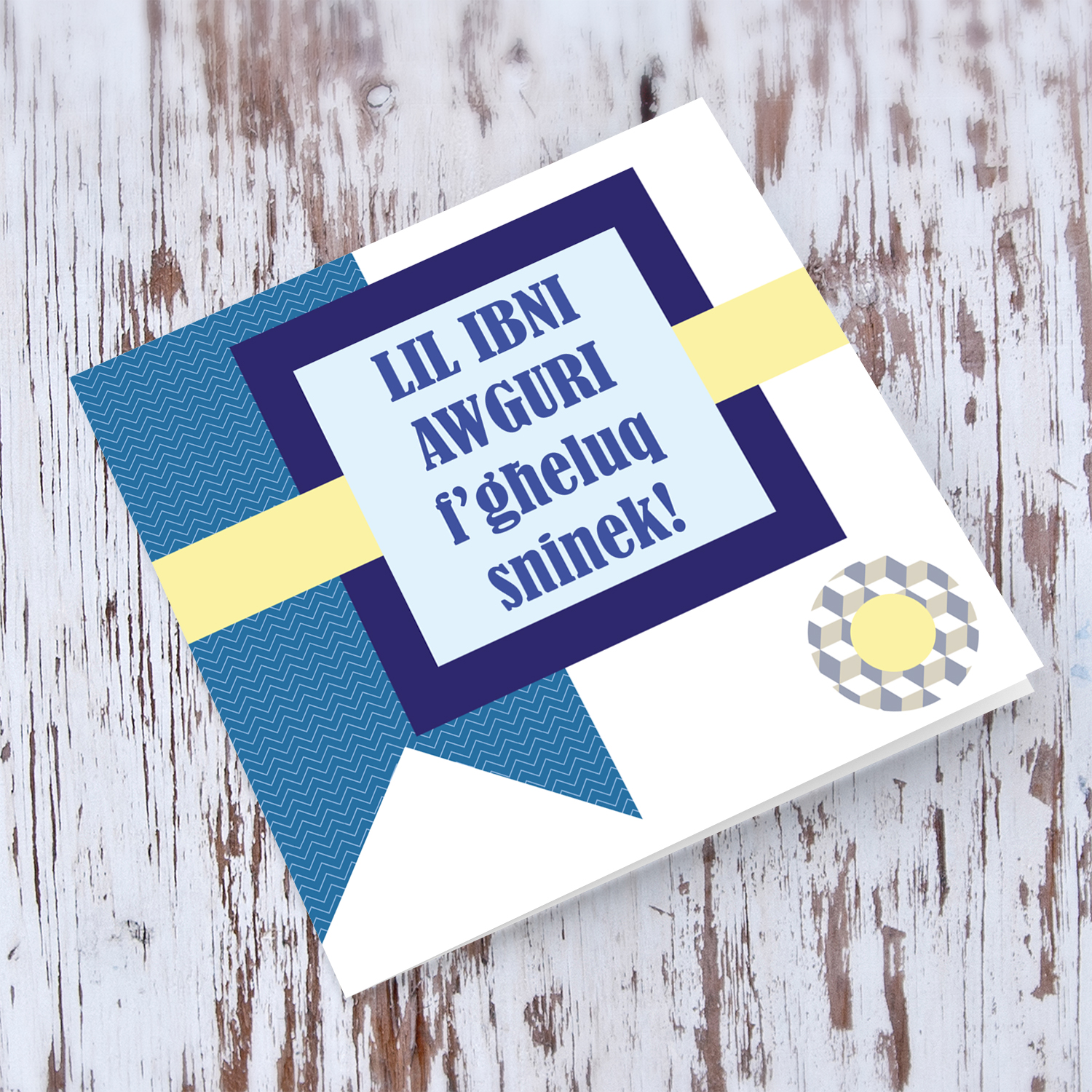 Birthday card for Son in Maltese with blue shapes and yellow sash 