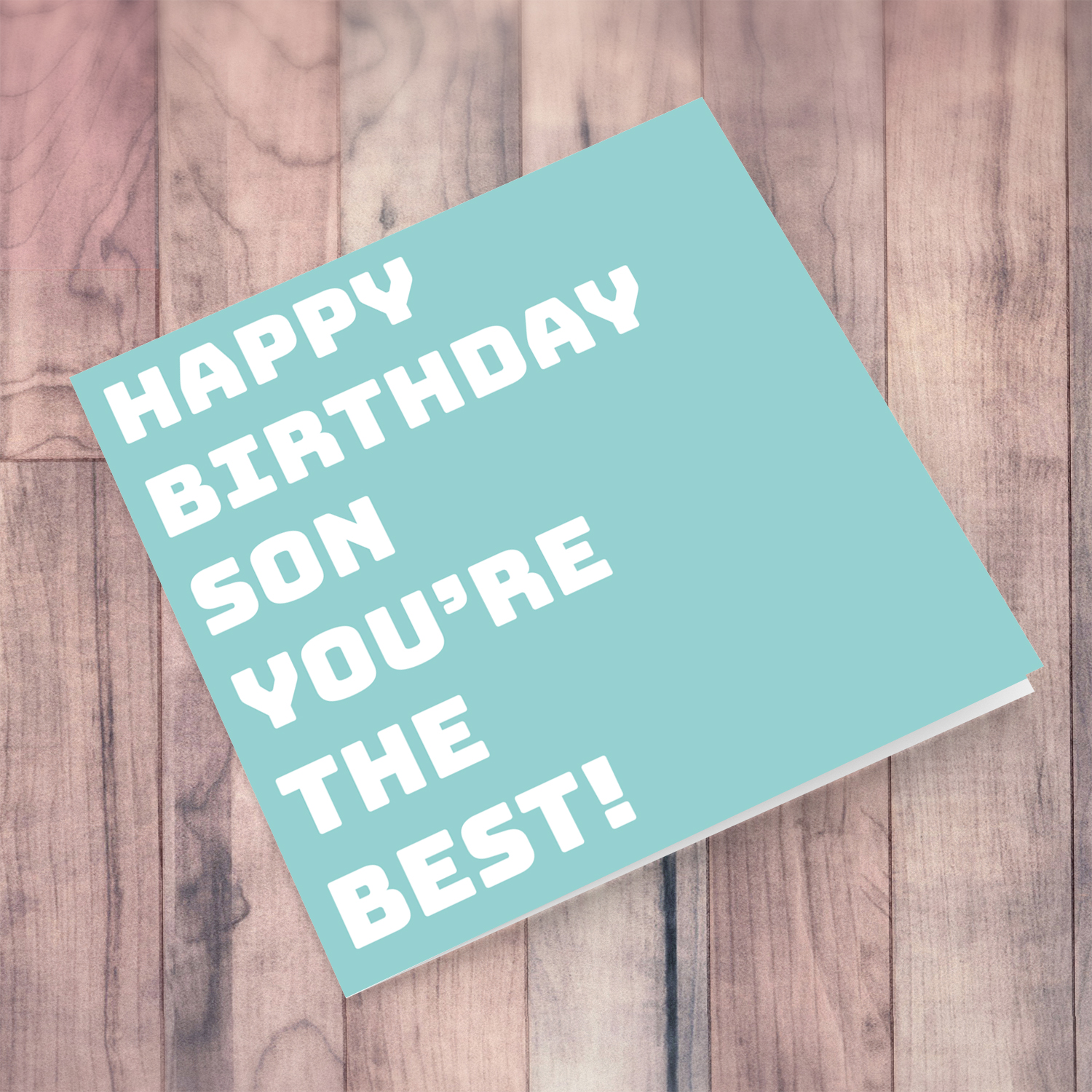 Light turquoise block colour background birthday card for son in English
