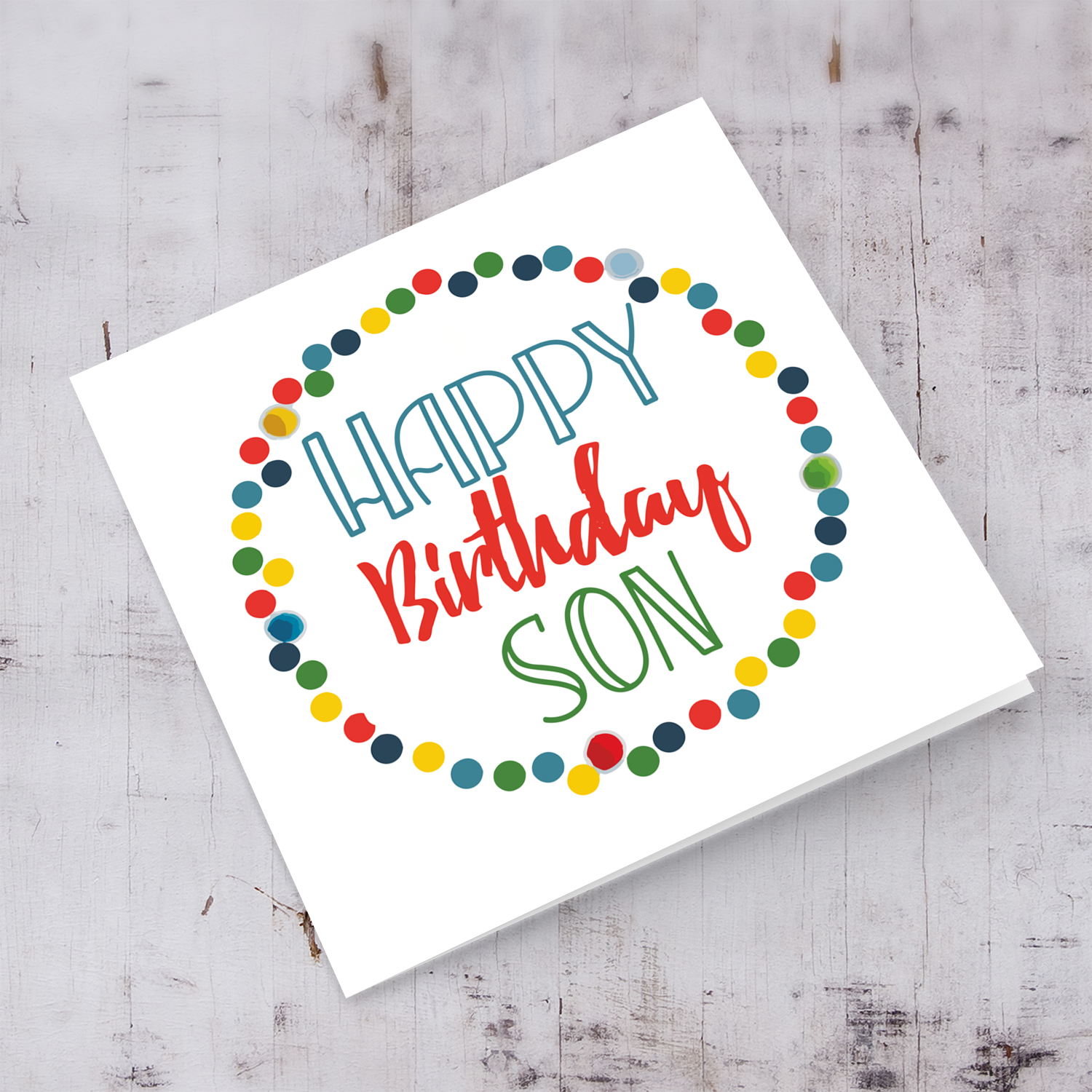 Colourful circles and text birthday card for son in English