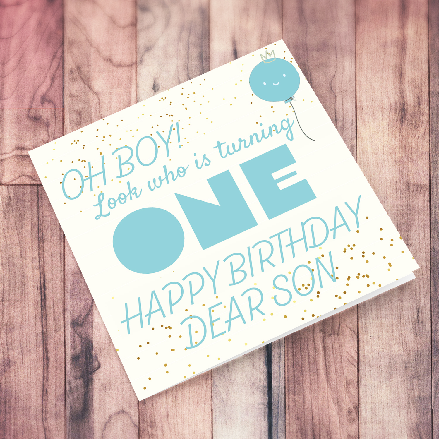 Look who's turning ONE - birthday card for a dear son with blue/turquoise text with cute balloon in English
