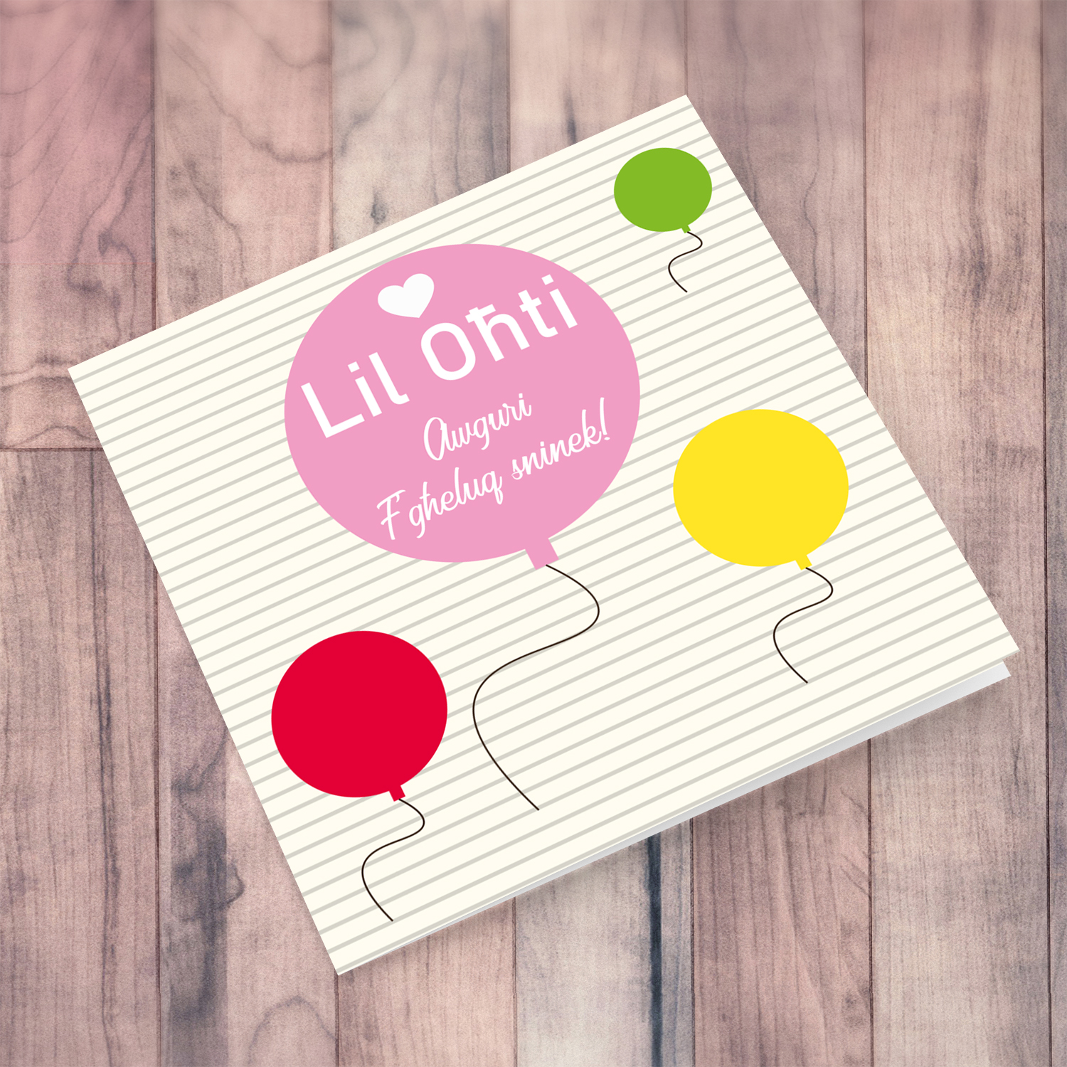 Colourful Balloon themed birthday card with striped background in Maltese for Sister