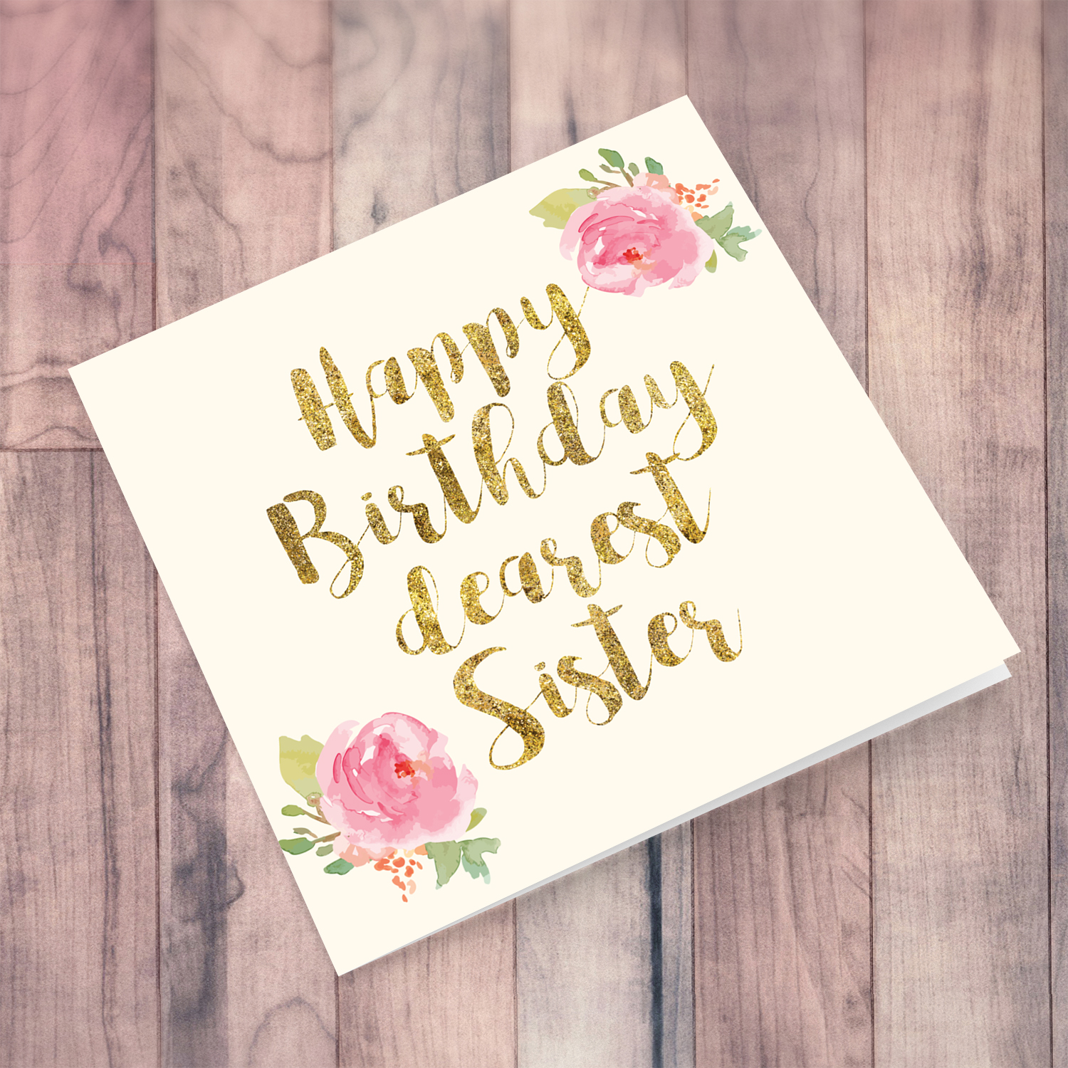 Golden glitter birthday card for Sister with flowers in English