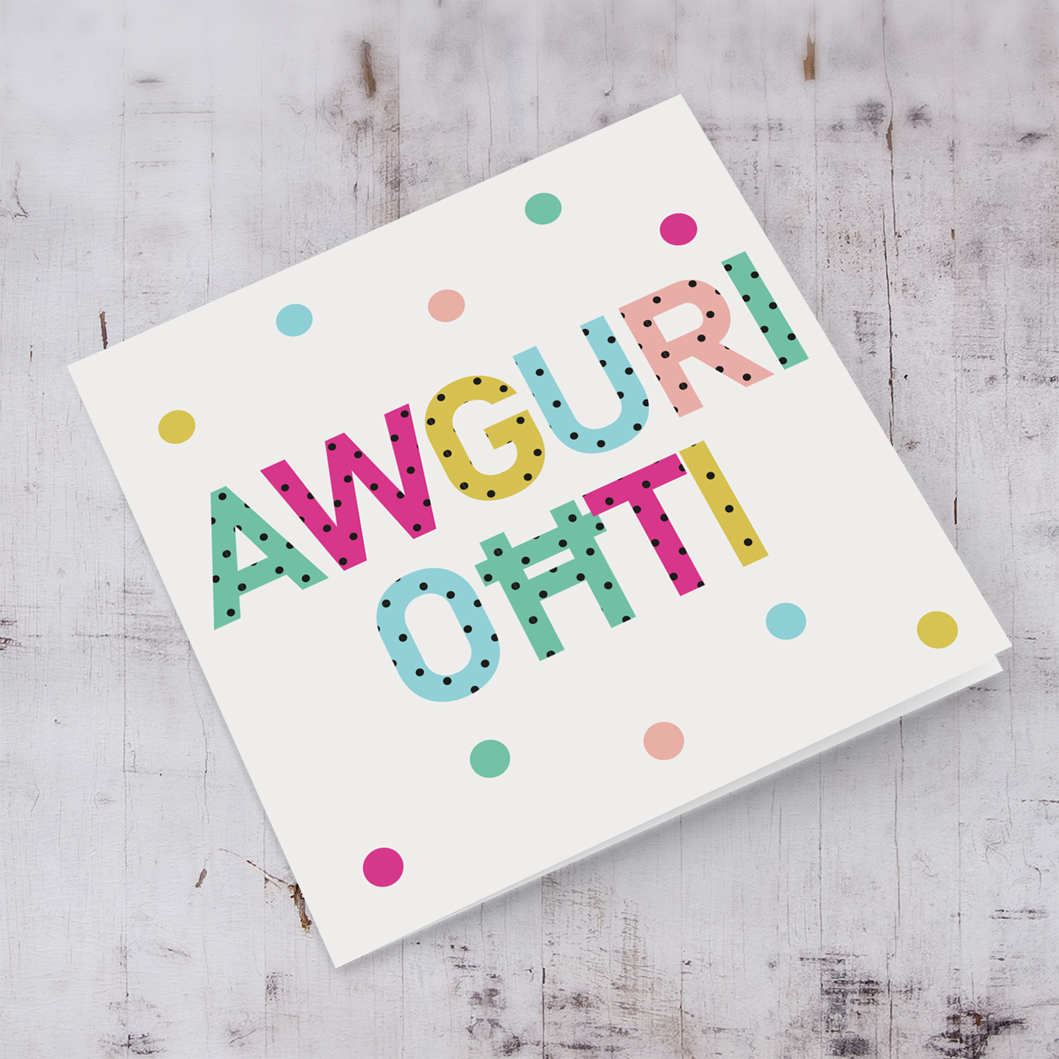 Colourful text with polka dots - Awguri oħti - birthday card for sister in Maltese