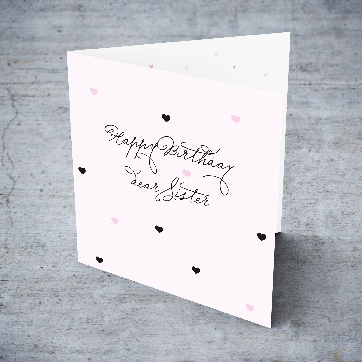 Light pink with scattered hearts birthday card for Sister in English