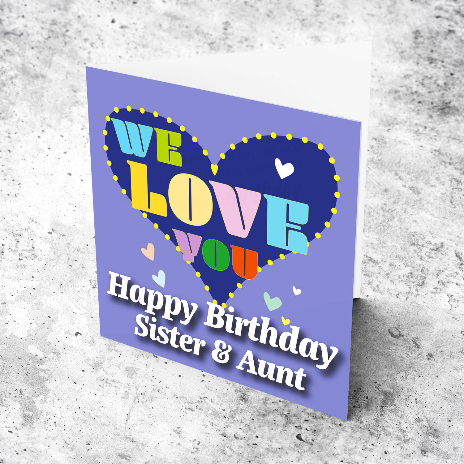 Purple background birthday card with big blue heart for Sister & Aunt, with a big WE LOVE YOU and scattered hearts in English