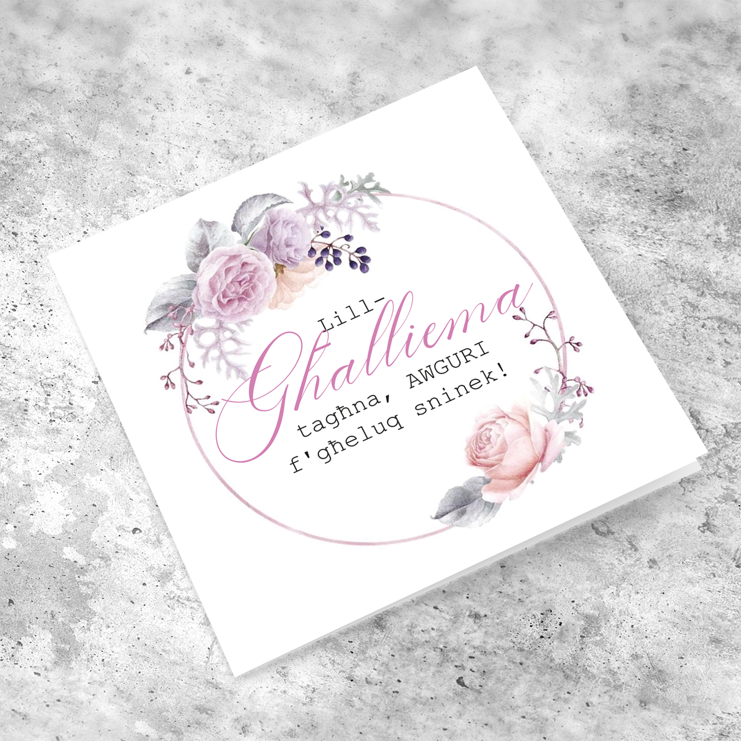 Birthday card with floral wreath for teacher in Maltese