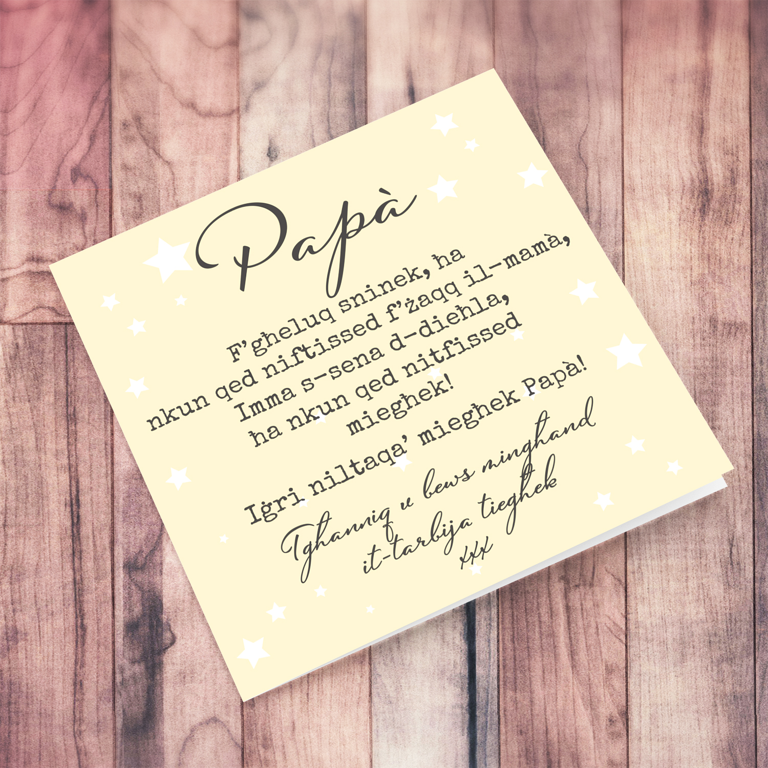 Birthday card for daddy to be in light cream background and scattered white stars in Maltese (baby - neutral & unisex)