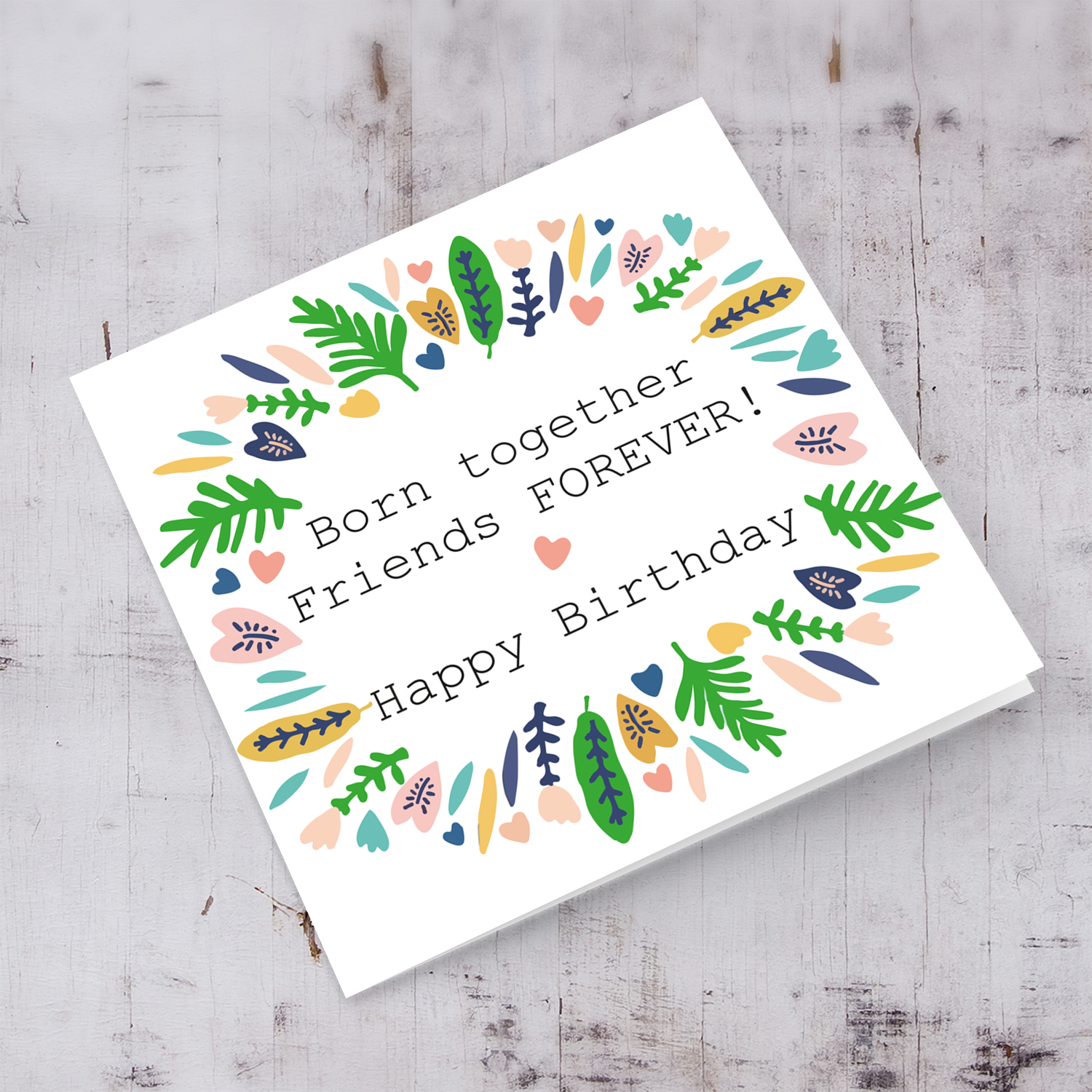 Leaves wreath birthday card for twins in English