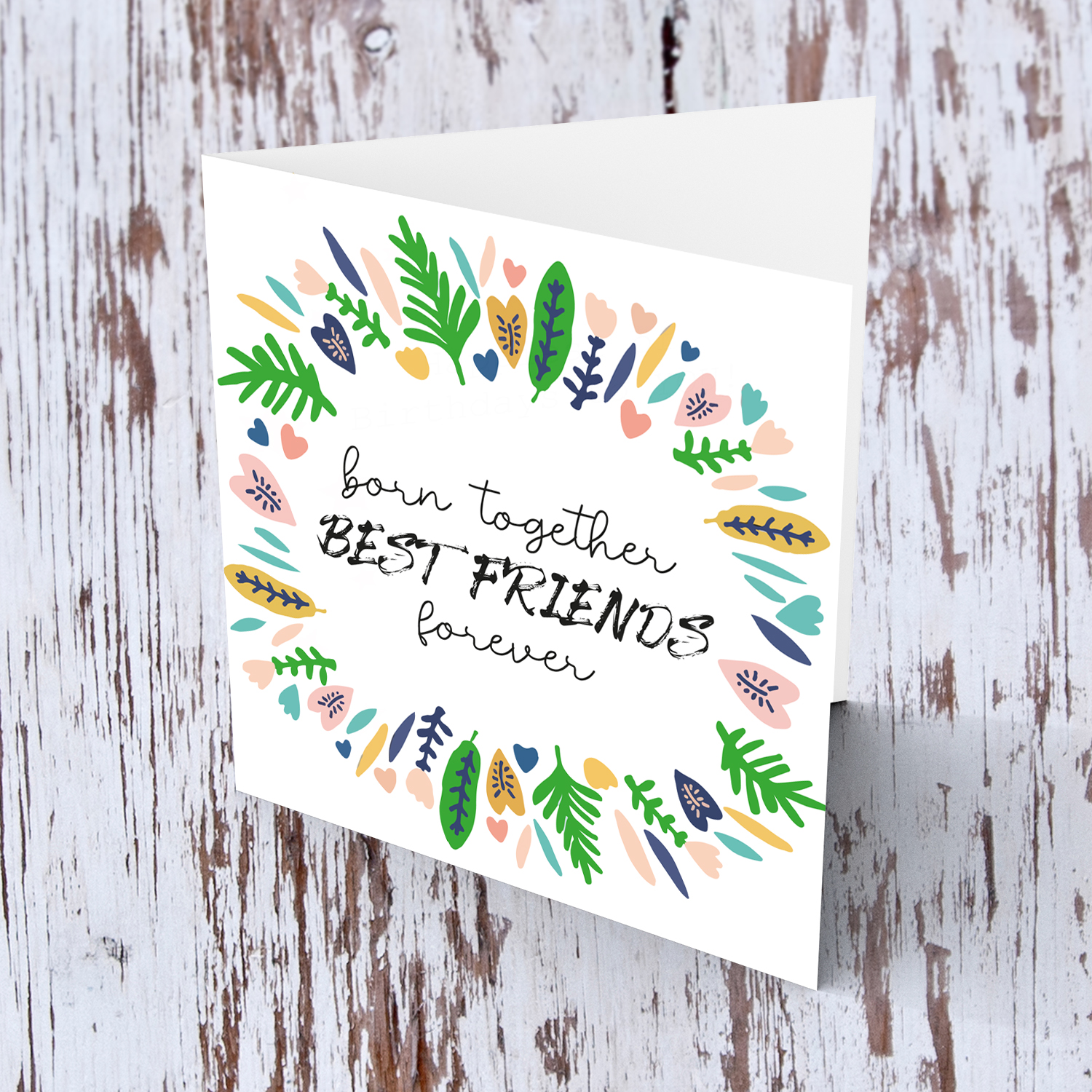 Leaves wreath birthday card born together - for twins in English