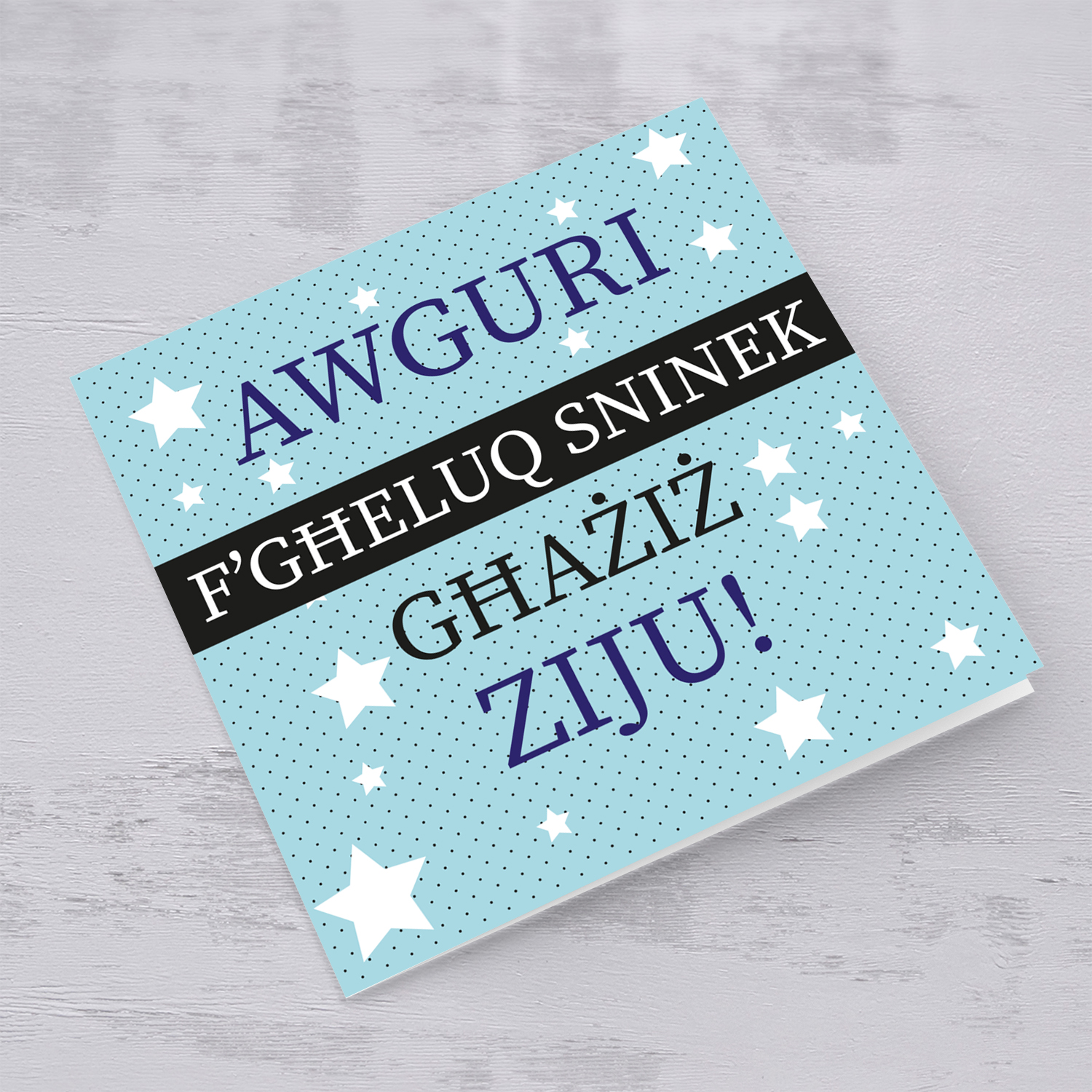 Blue background with white stars birthday card for uncle in Maltese