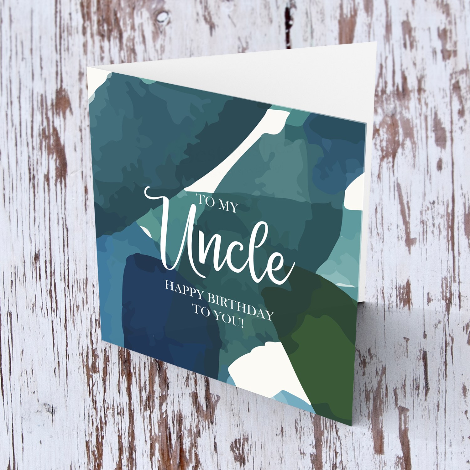 Blue and green themed birthday card for Uncle in English