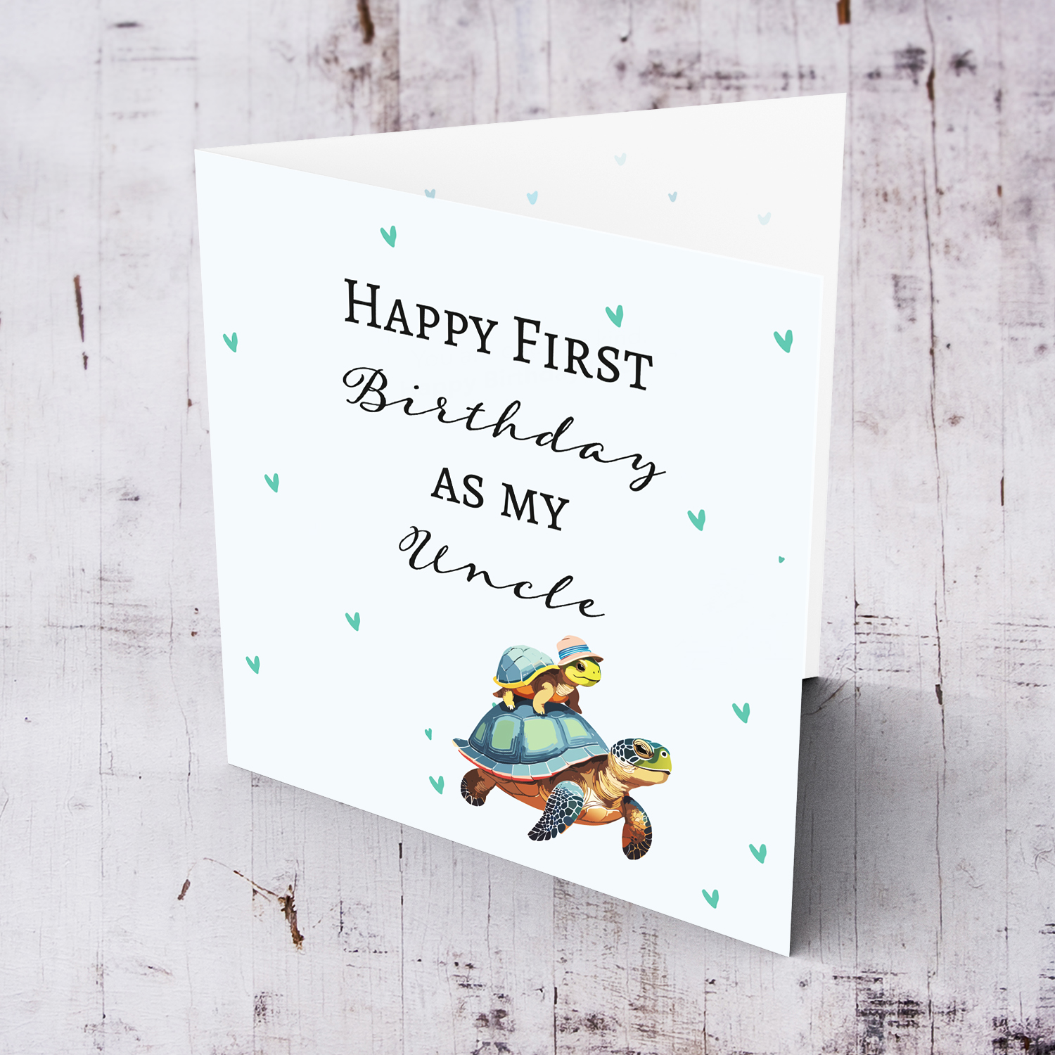Happy First Birthday as my Uncle - turtle themed birthday card with scattered green stars in English
