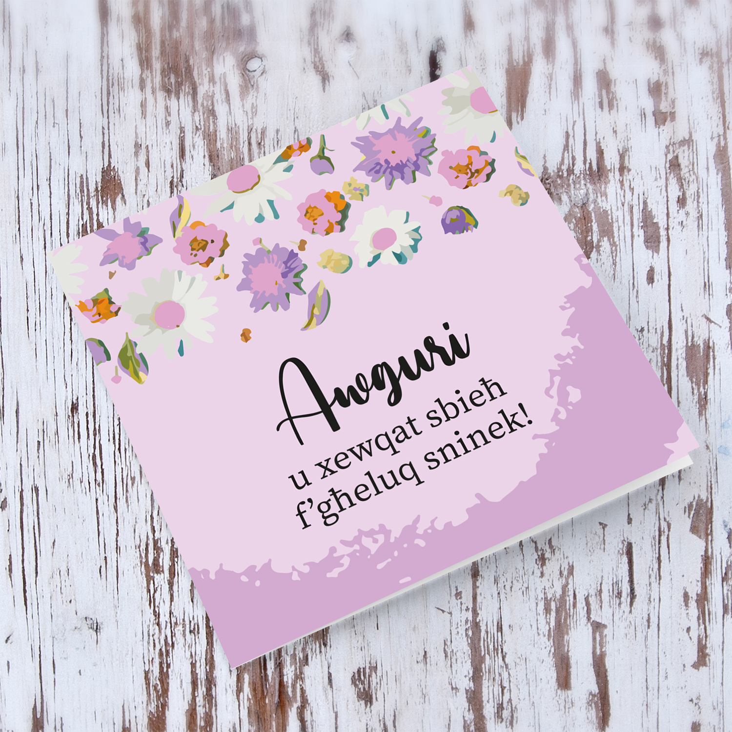Purple flower themed birthday card in Maltese