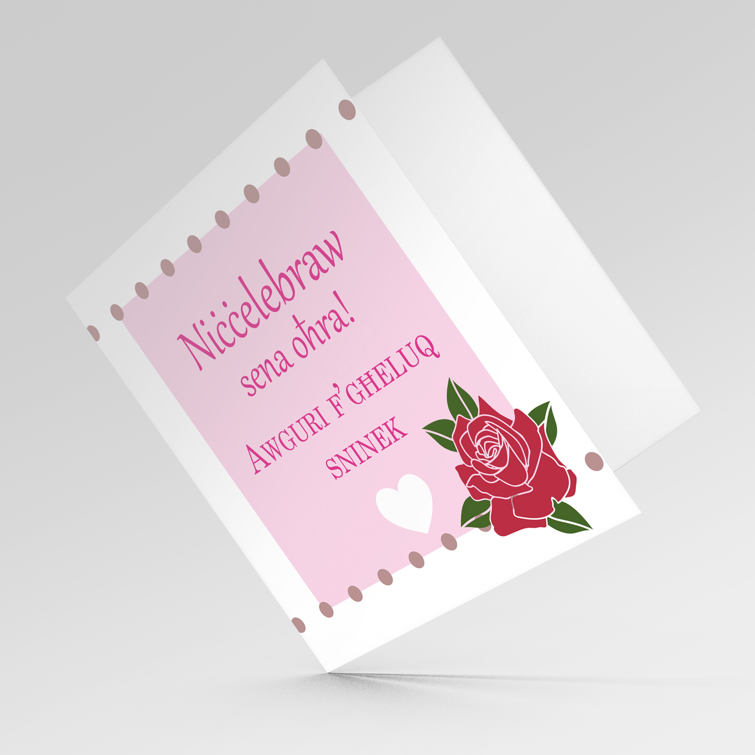 Open Birthday card with red rose in Maltese