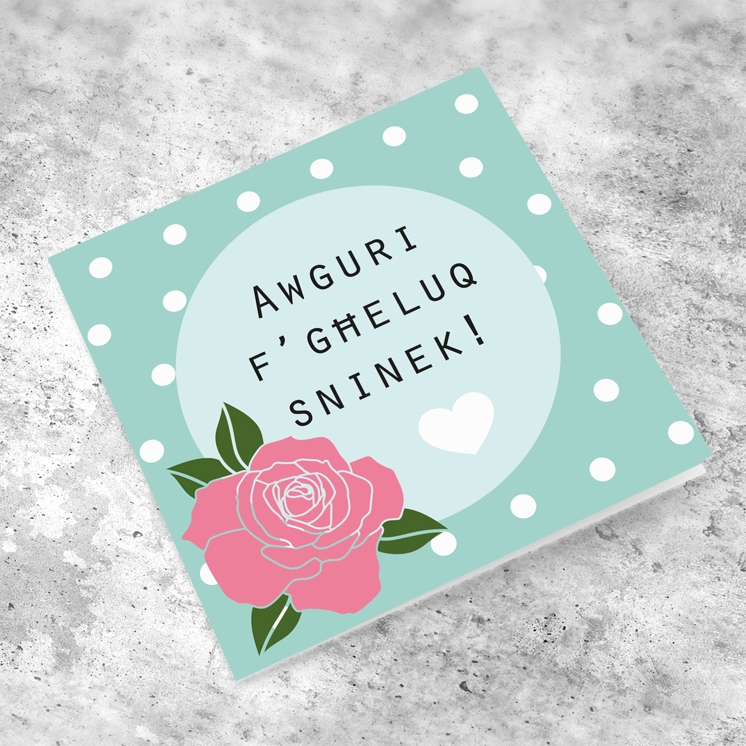 Polka dot with rose birthday card in Maltese