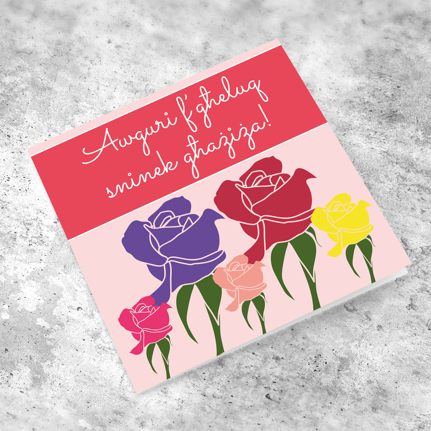 Different coloured roses birthday card in Maltese