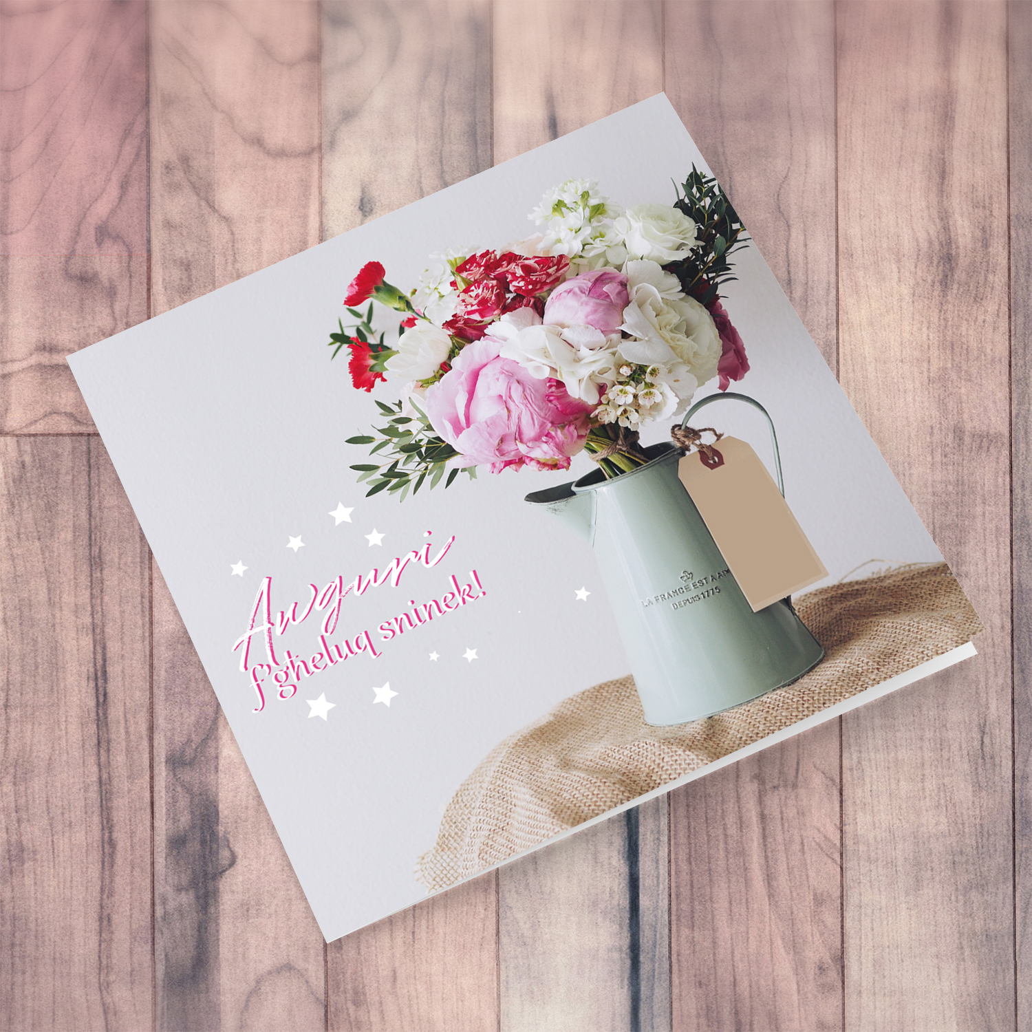 Flower bouquet in jug birthday card in Maltese