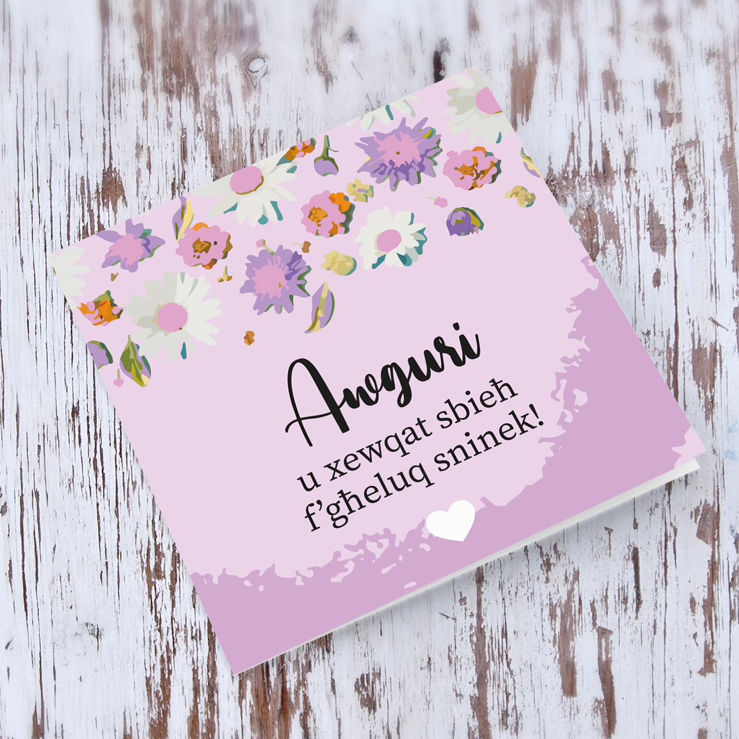 Purple flower themed birthday card in Maltese with white heart