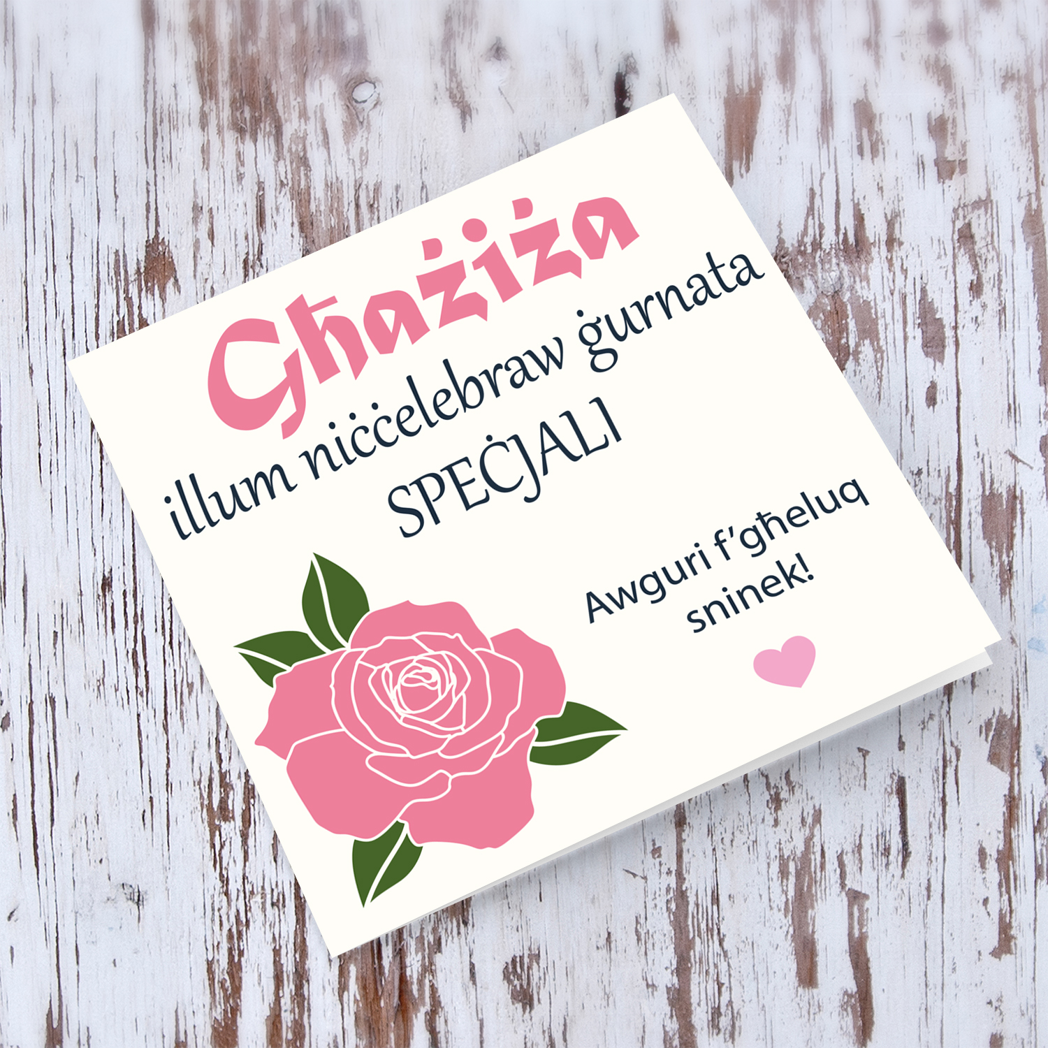 Pink rose themed birthday card in Maltese
