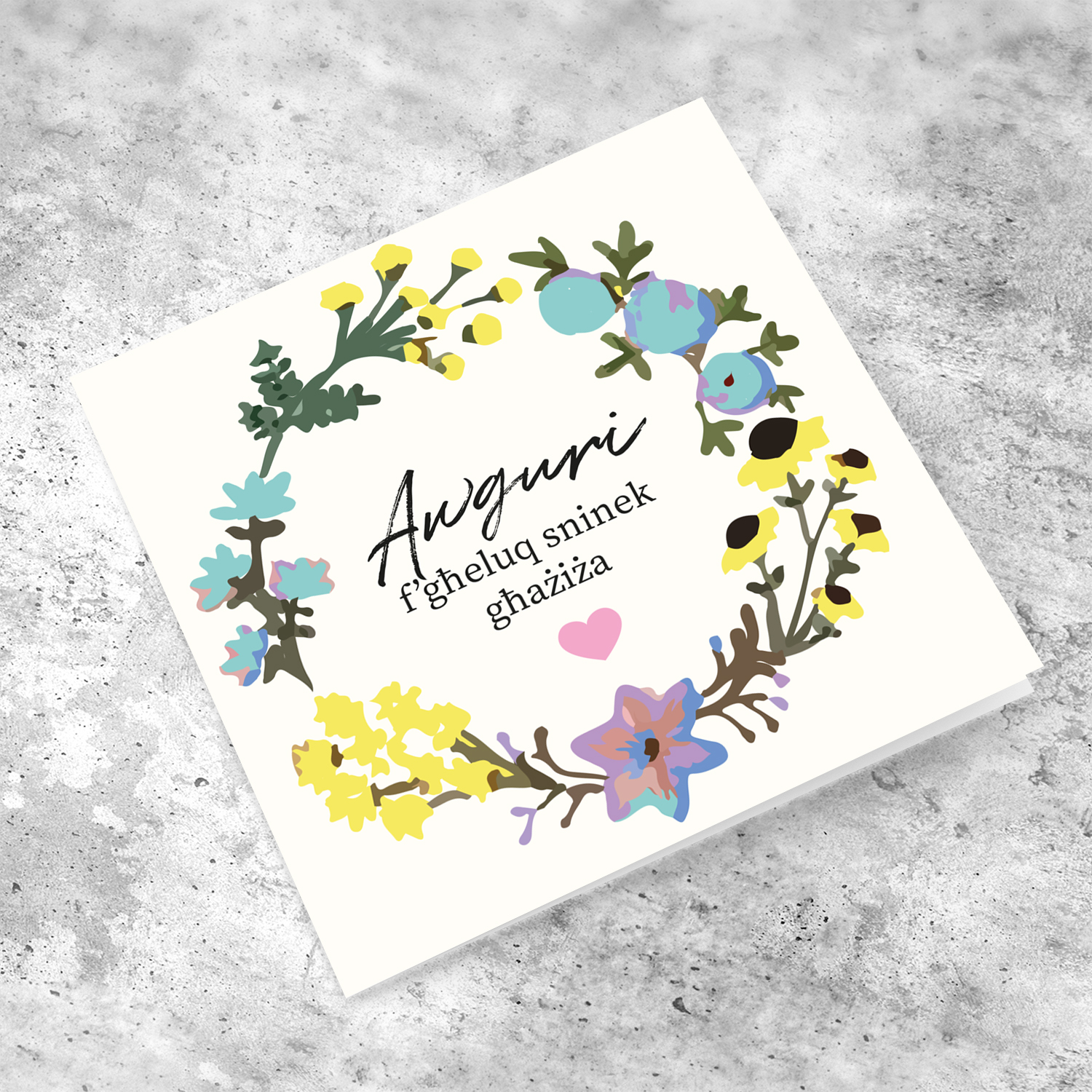 Colourful flower wreath birthday card in Maltese