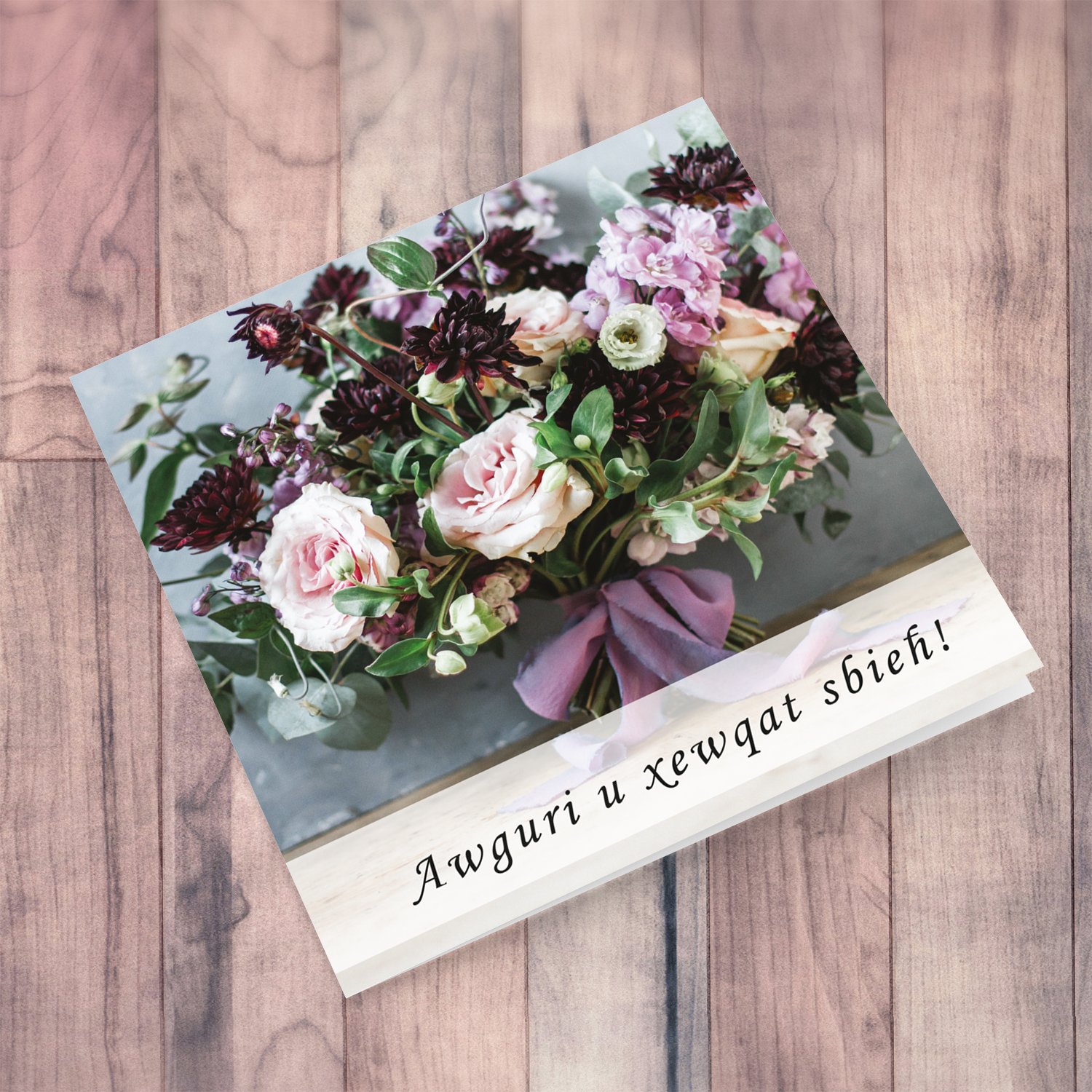 Flower themed birthday card with pink and purple tones in Maltese