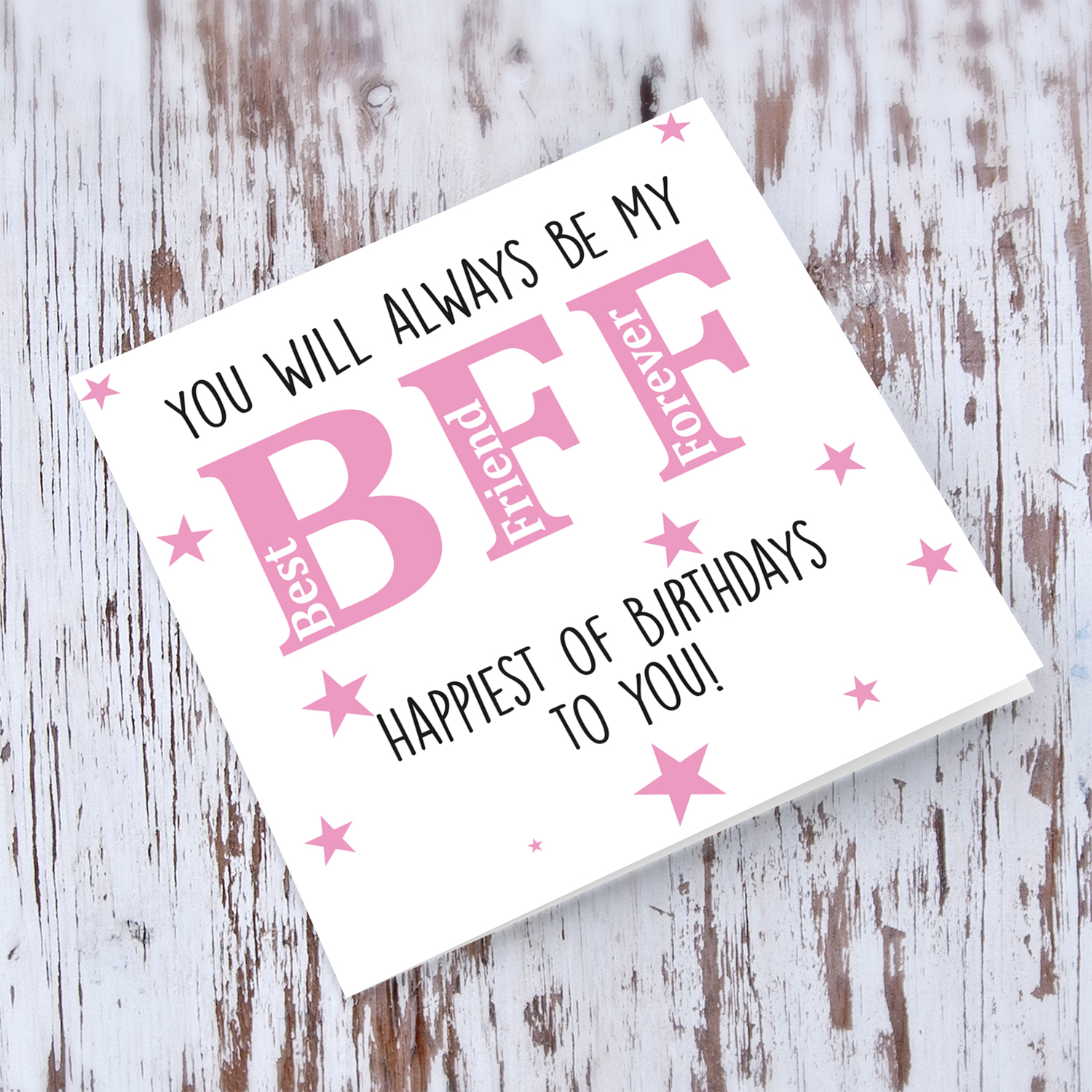 BFF birthday card with scattered pink stars in English