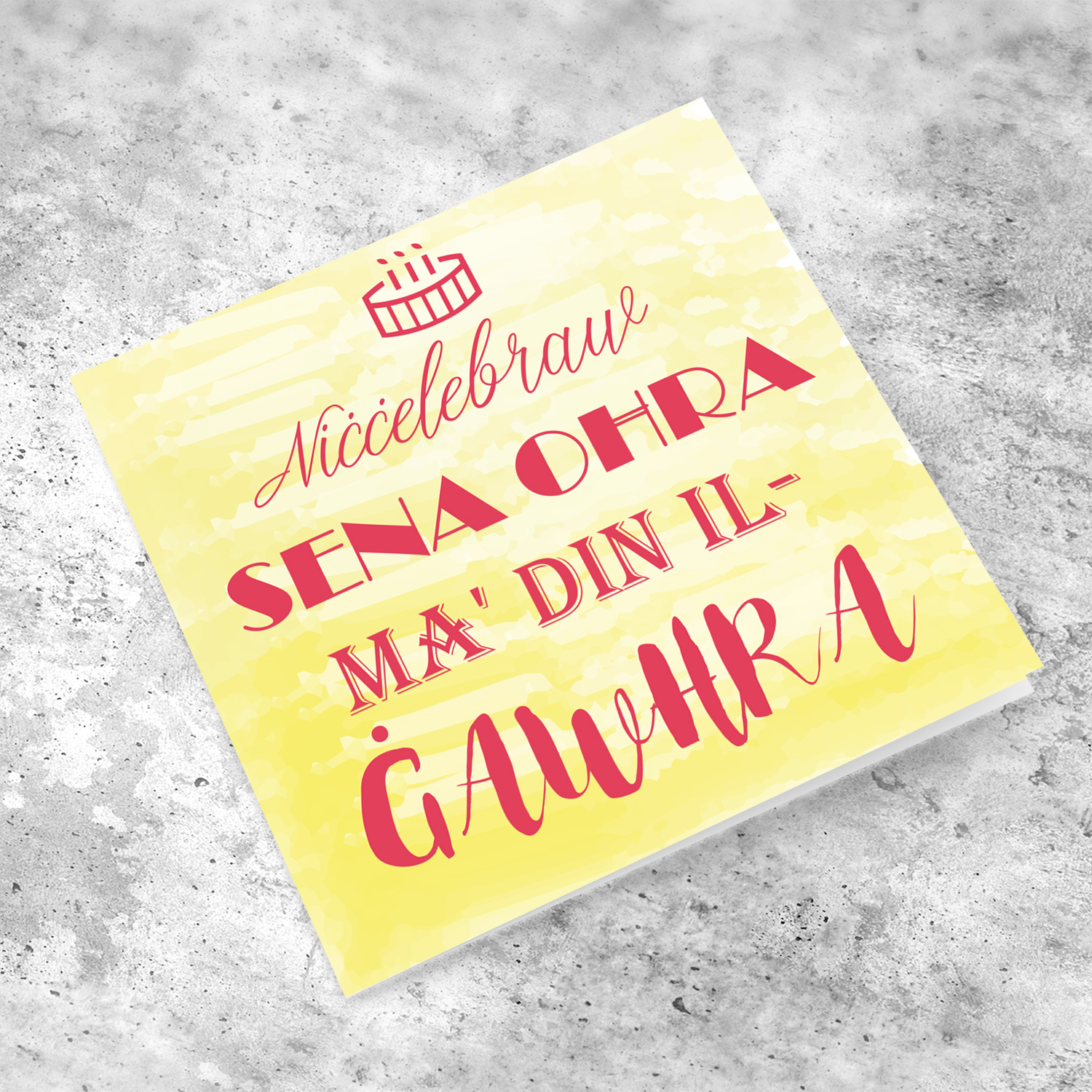 Yellow watercolour background birthday card in Maltese