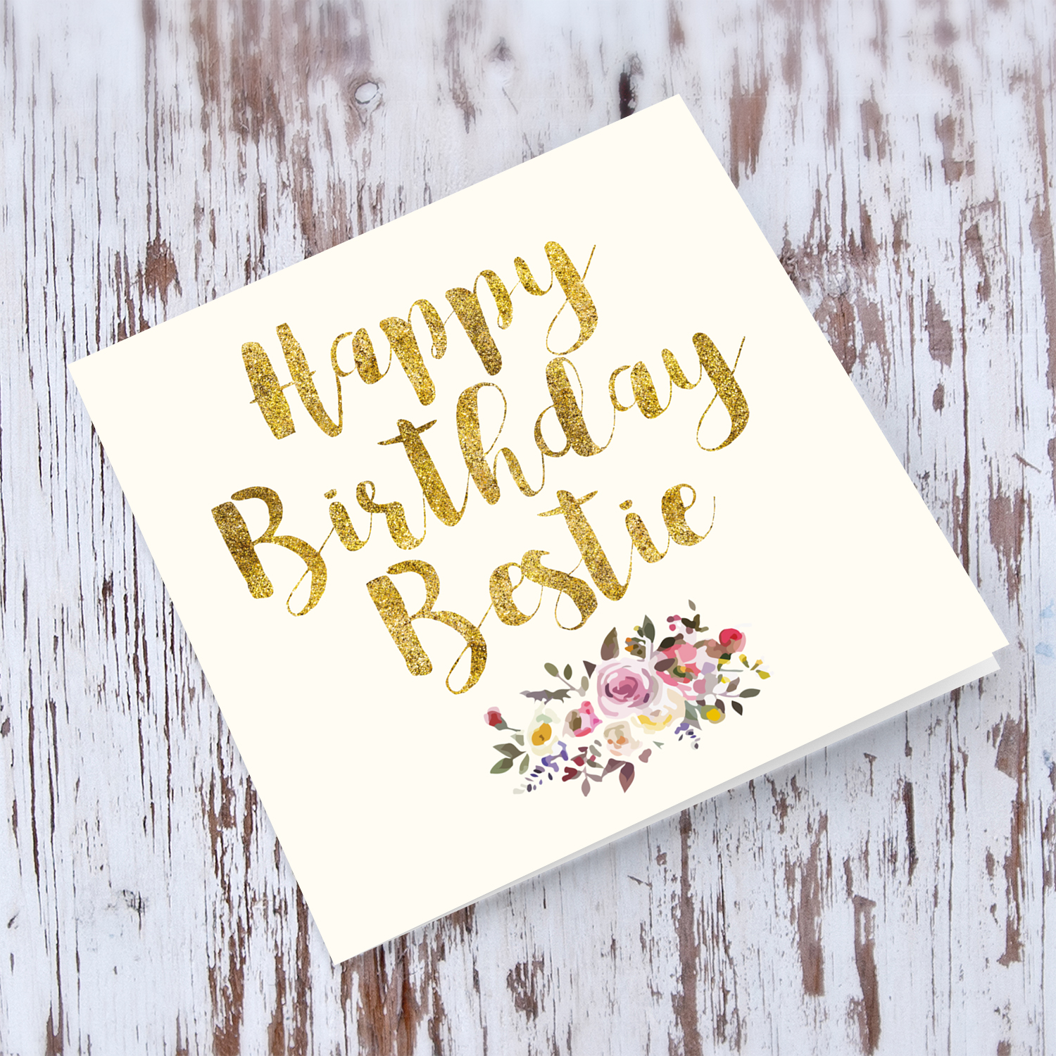 Golden glitter birthday card for best friend with flowers in English