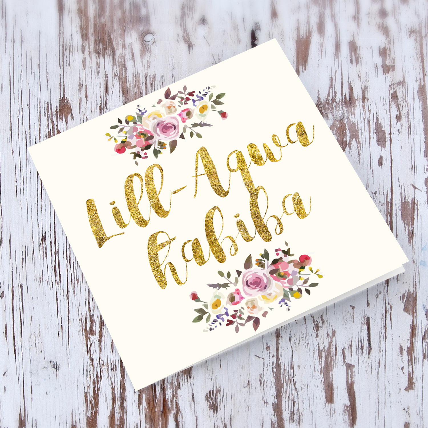 Golden glitter birthday card for best friend with flowers in Maltese