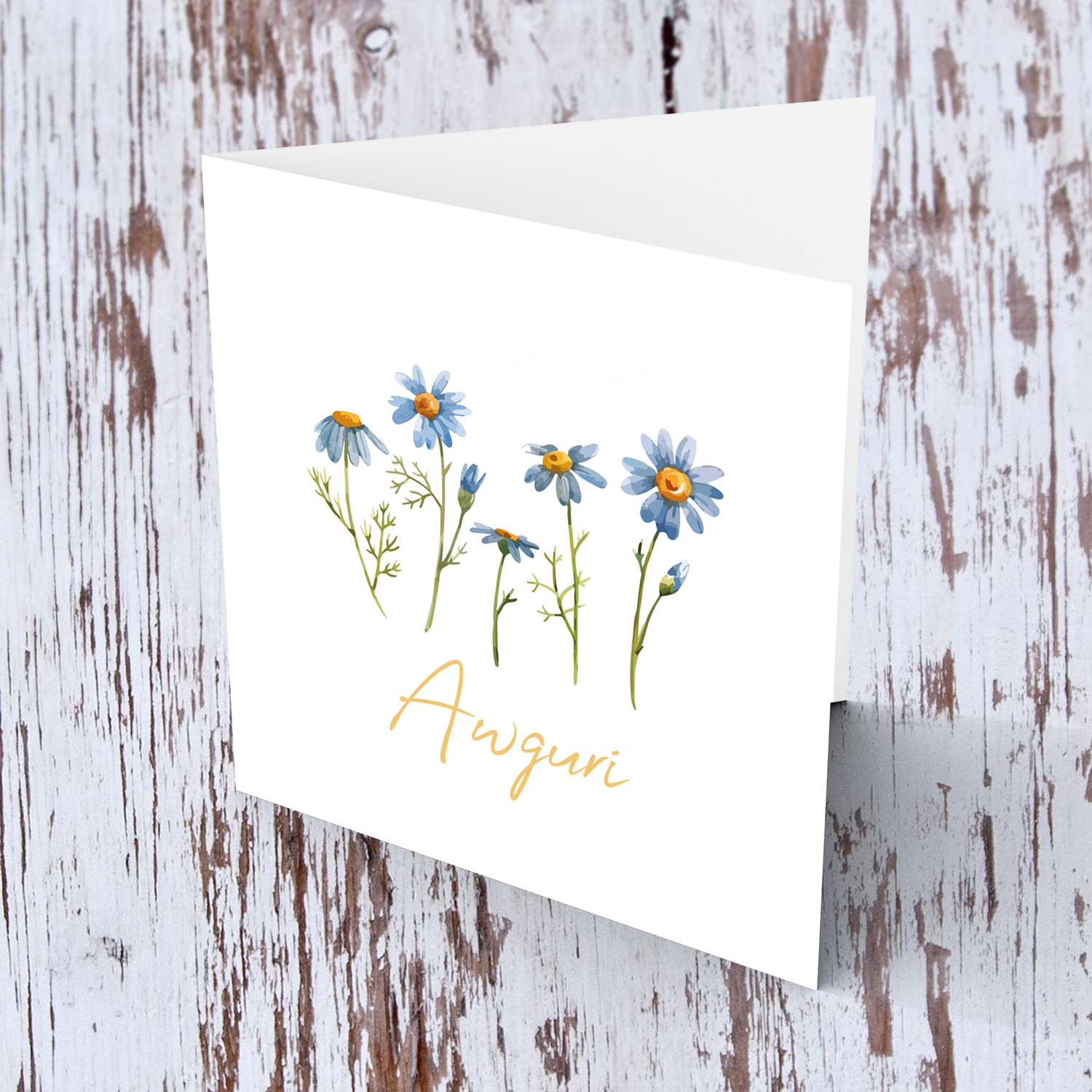 Blue daisy birthday card in Maltese