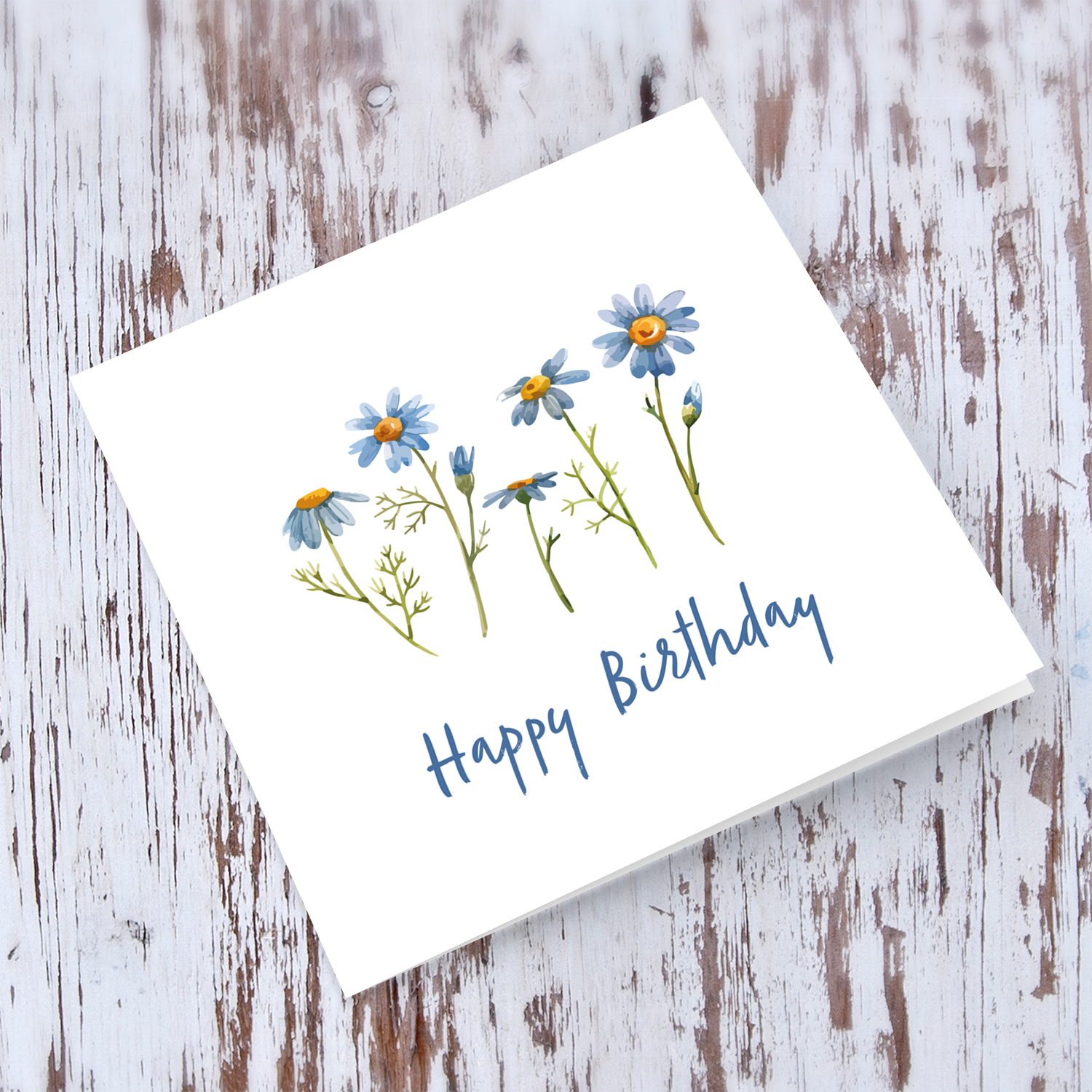 Blue daisy birthday card in English