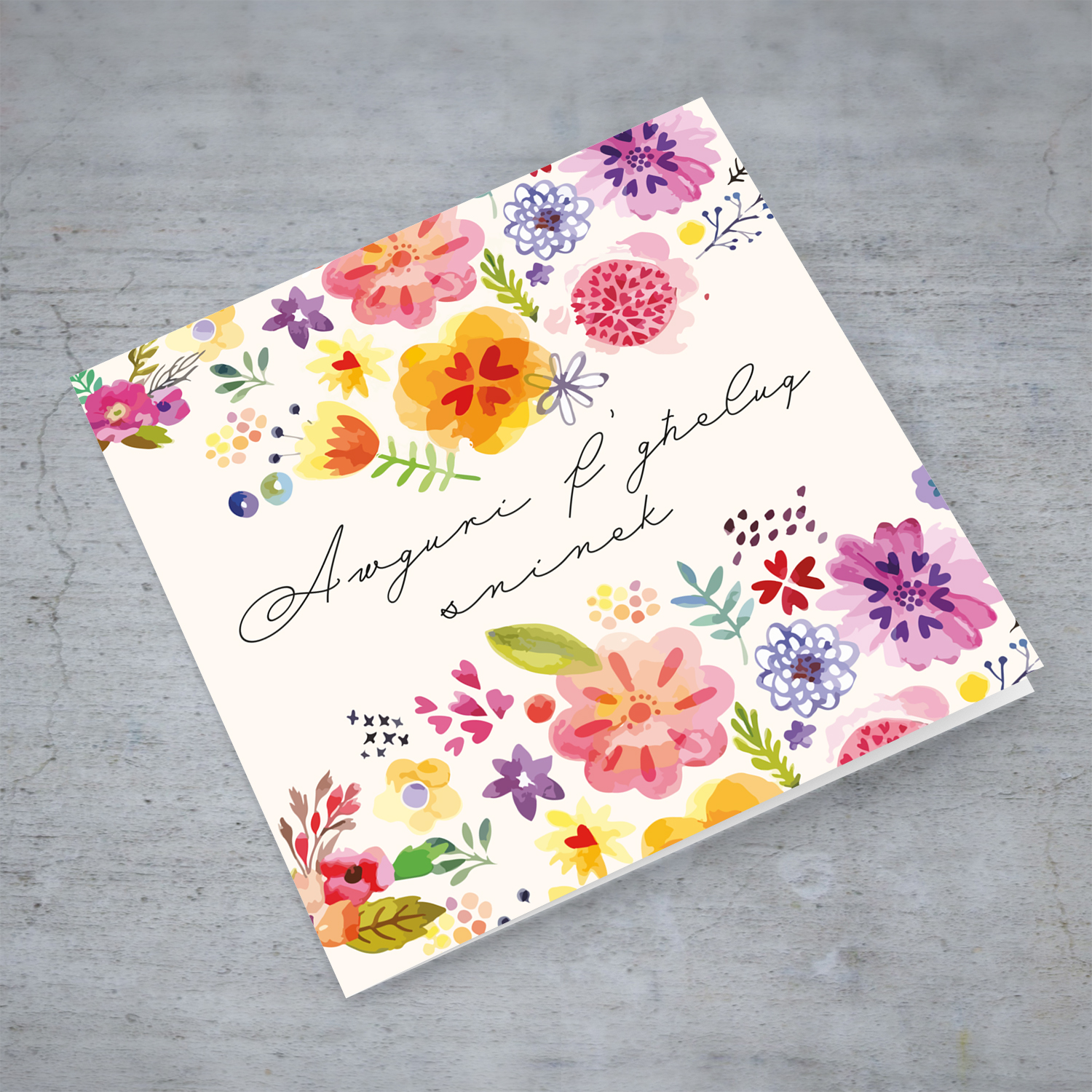 Colourful floral birthday card in Maltese (Open)