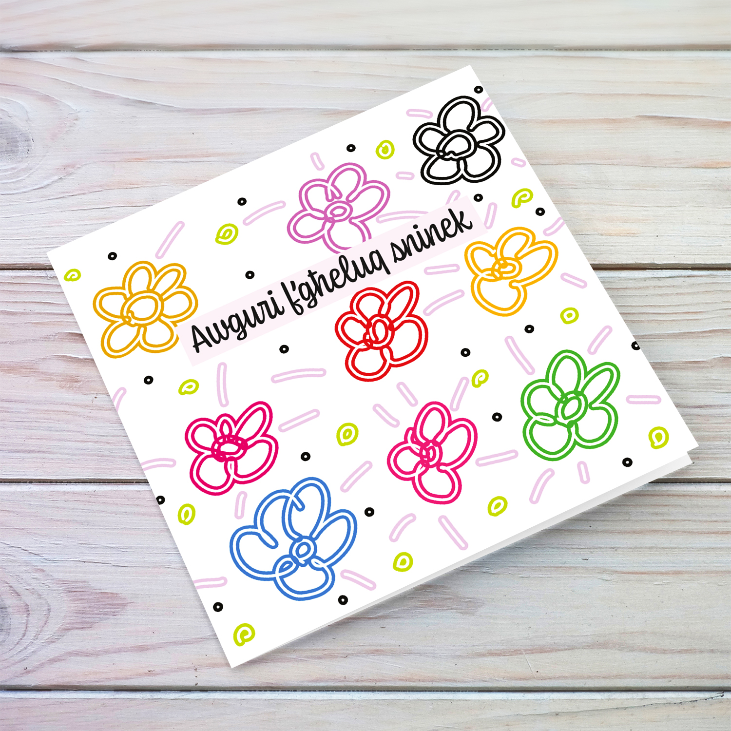 Colourful, bright coloured flowers birthday card in Maltese