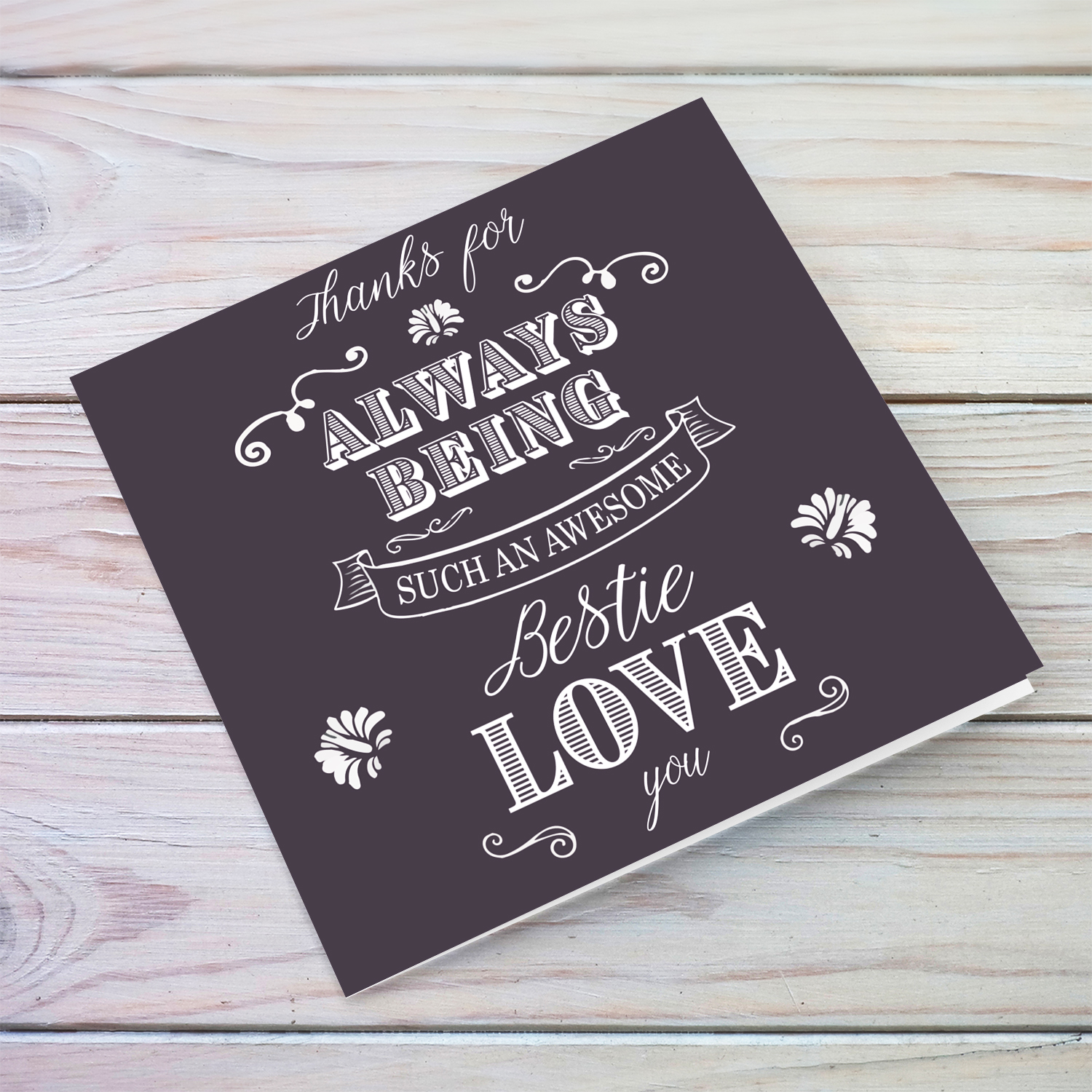 Bestie birthday card in dark purple background and white text in English